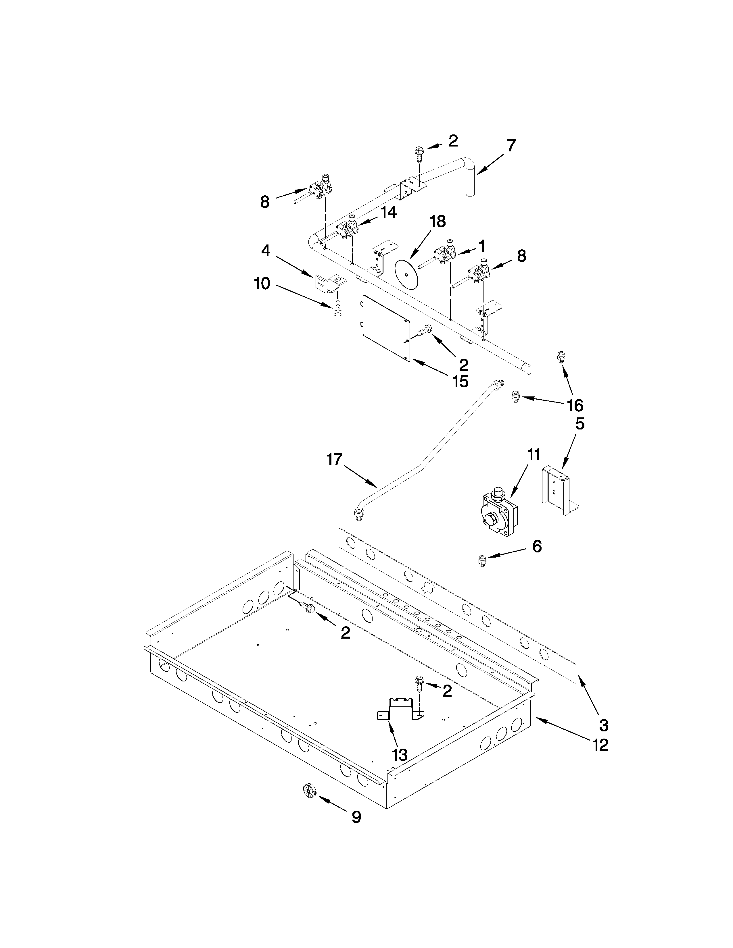 Burner box, gas valves, and switches