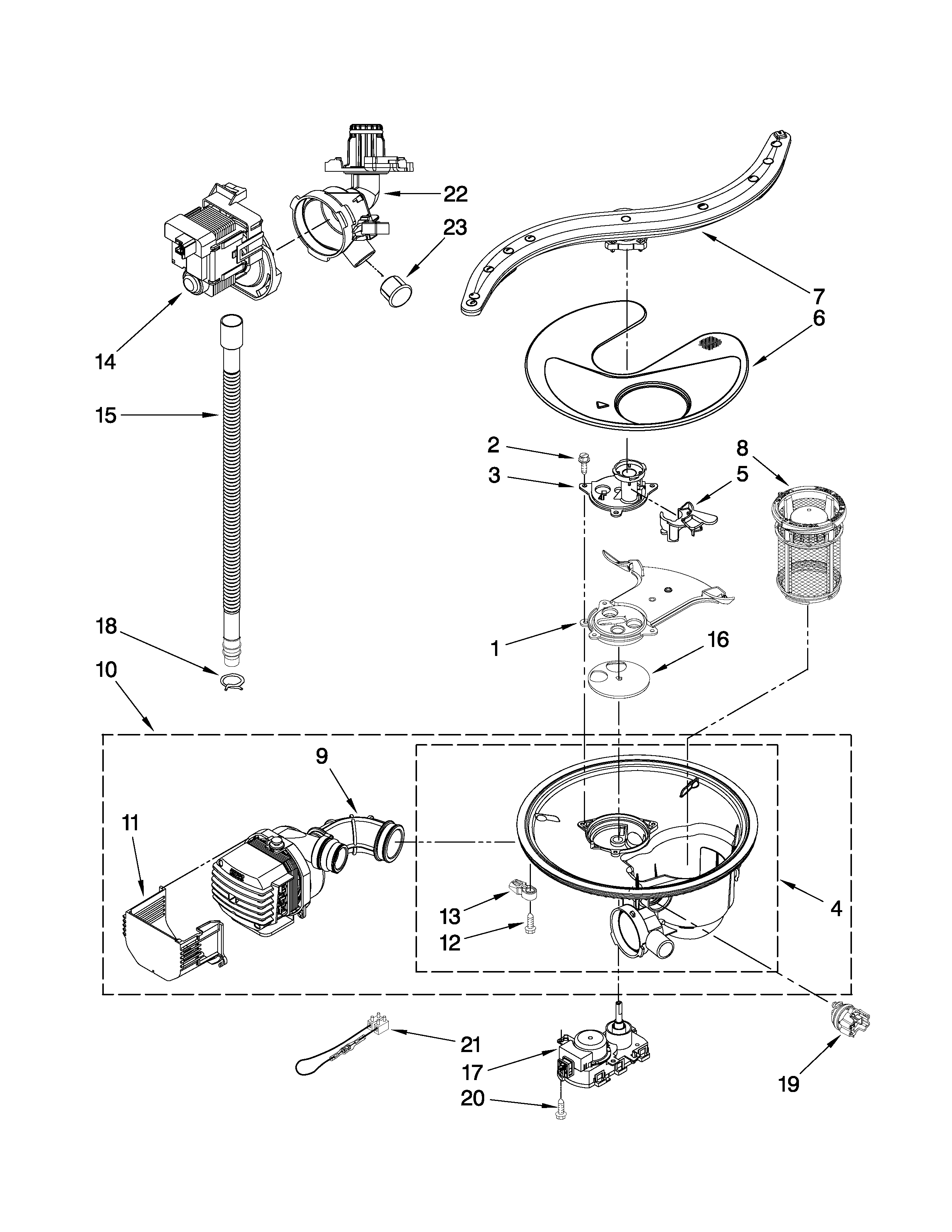Pump, washarm and motor parts