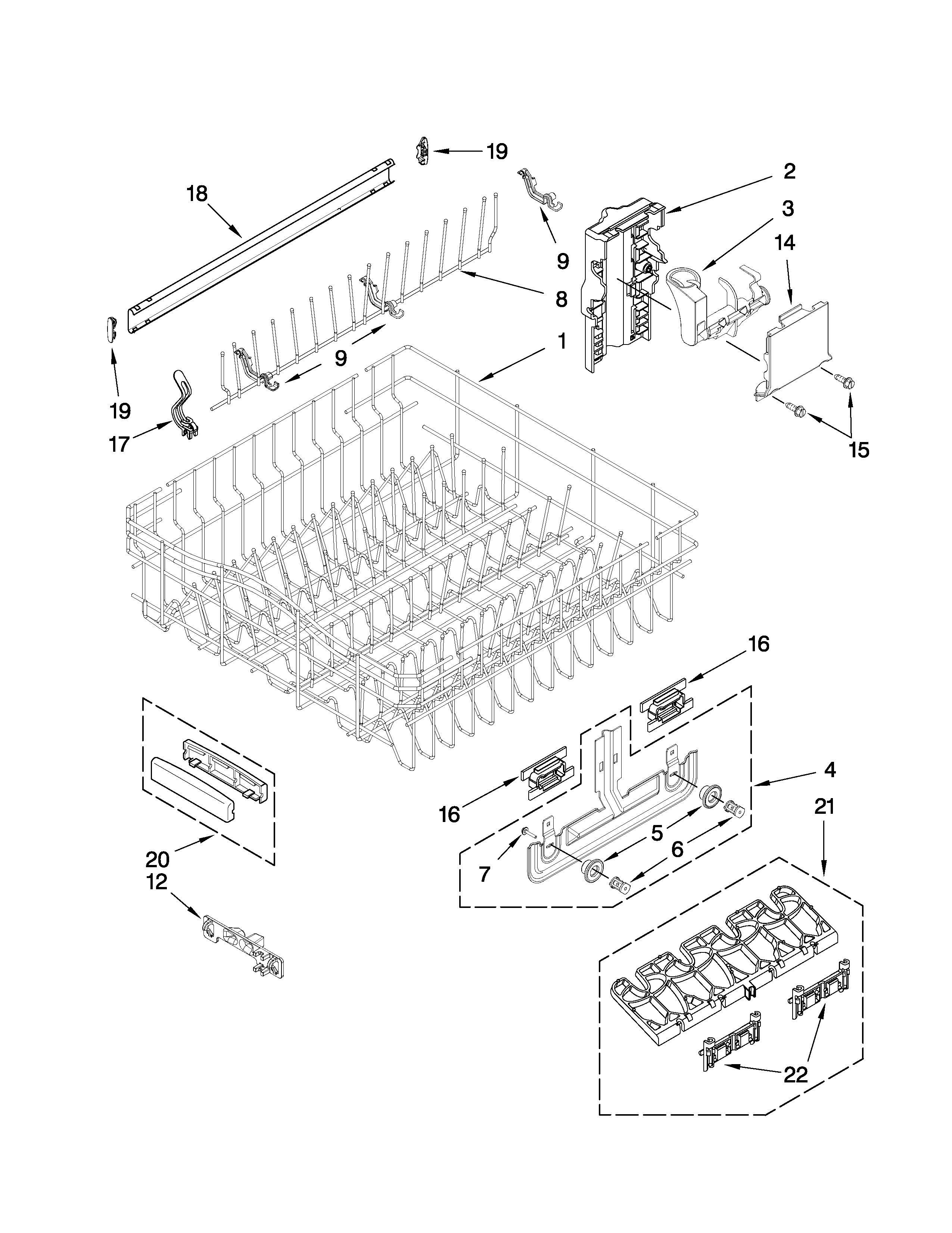 Upper rack and track parts