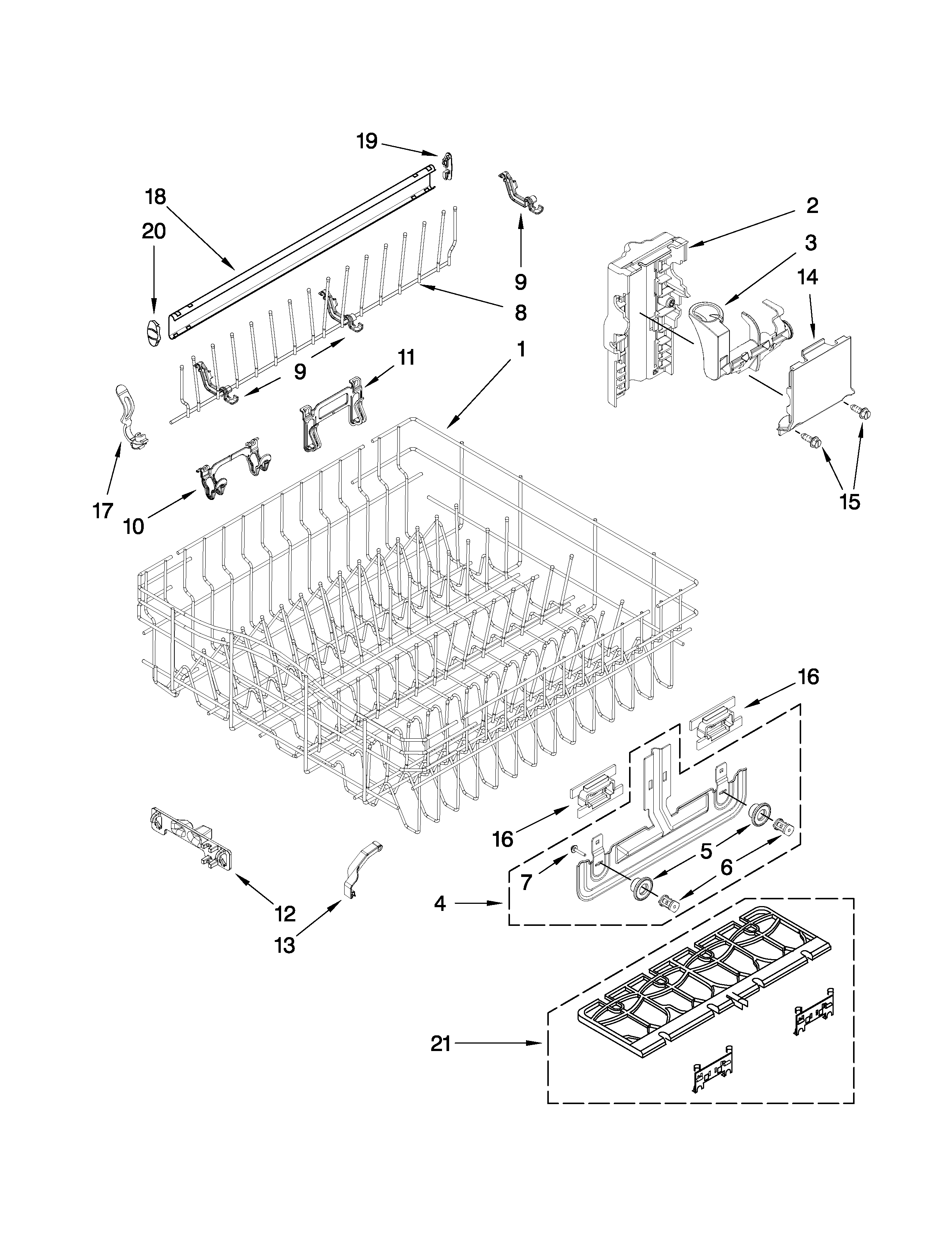 Upper rack and track parts
