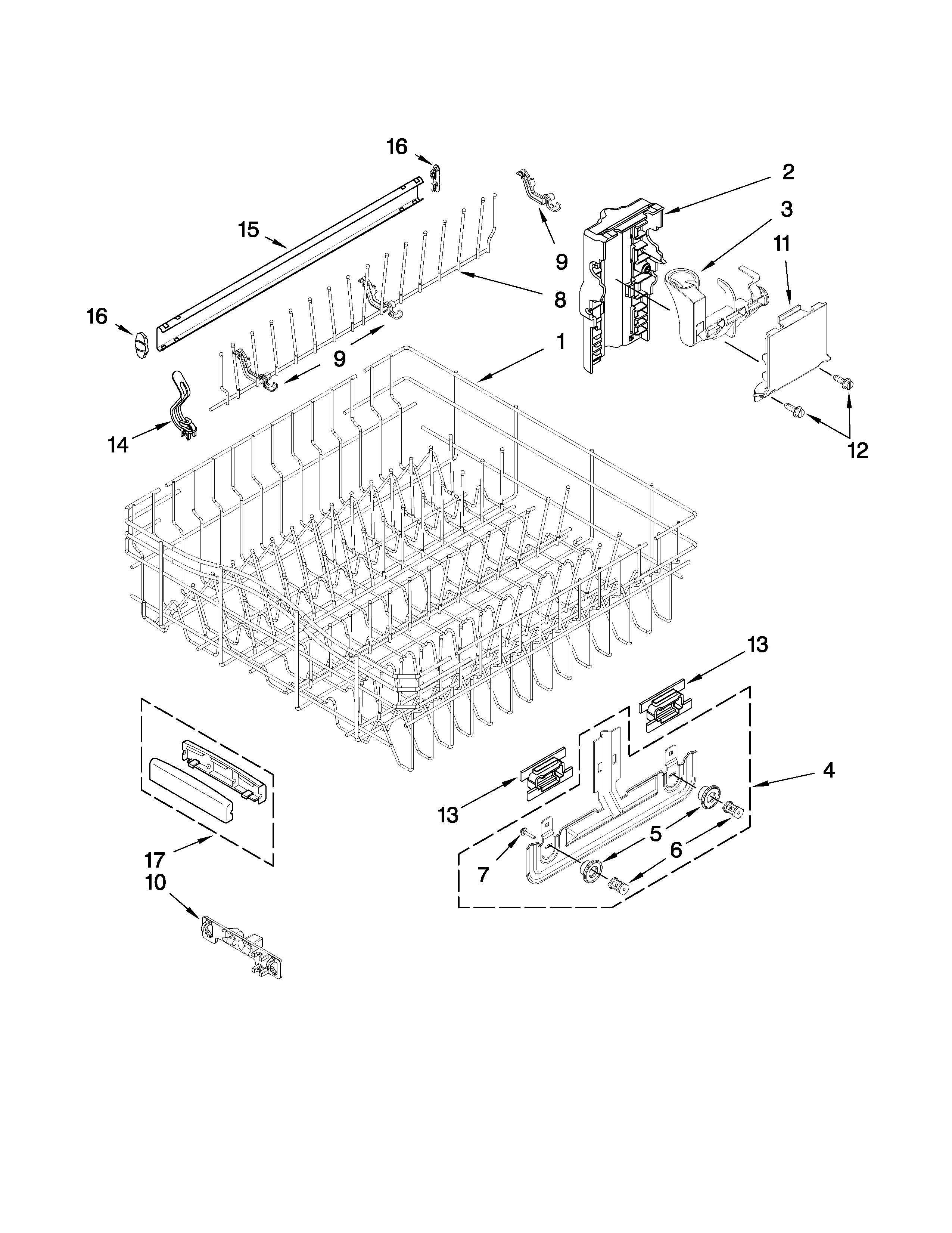 Upper rack and track parts