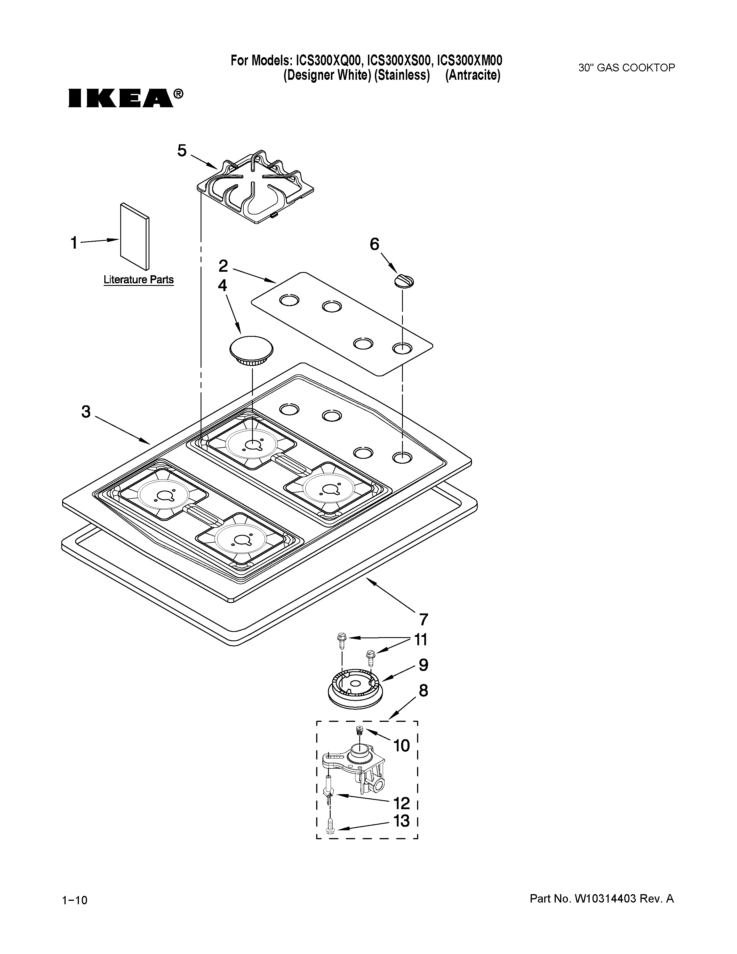 Cooktop, burner and grate parts