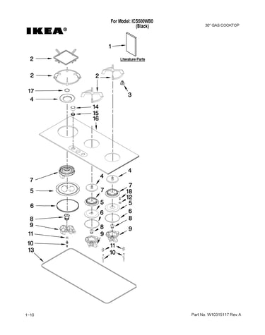 Cooktop, burner and grate parts