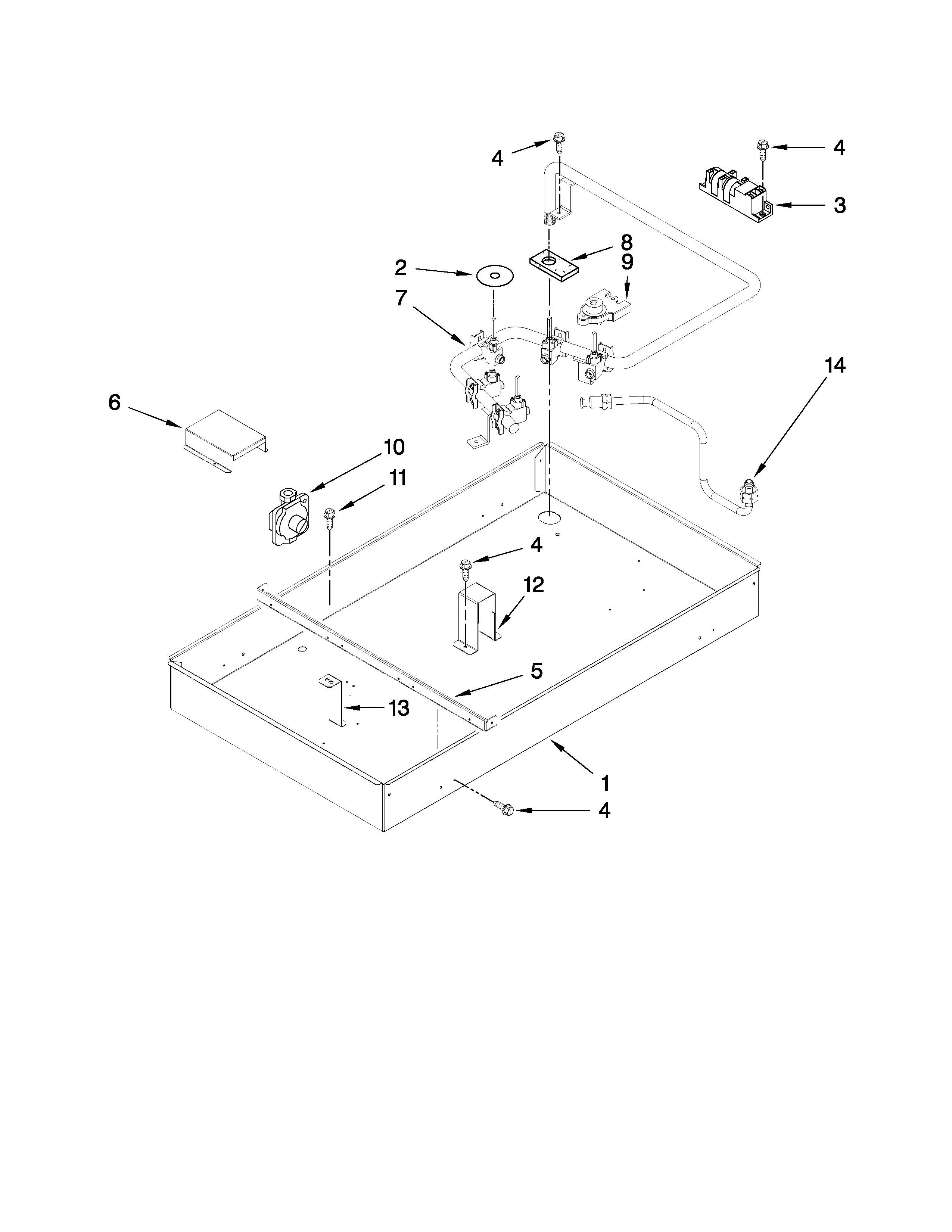 Burner box, gas valves, and switches