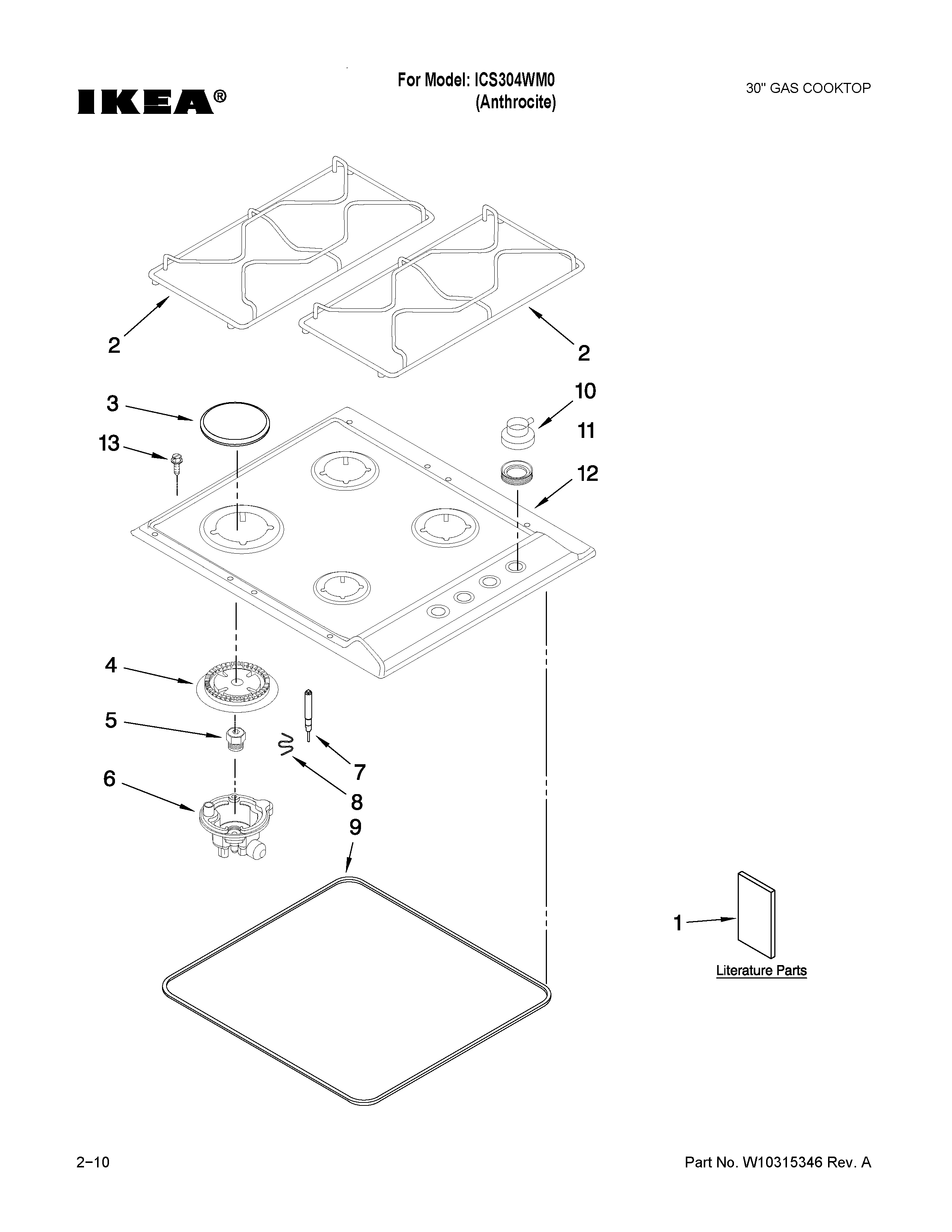 Cooktop, burner and grate parts