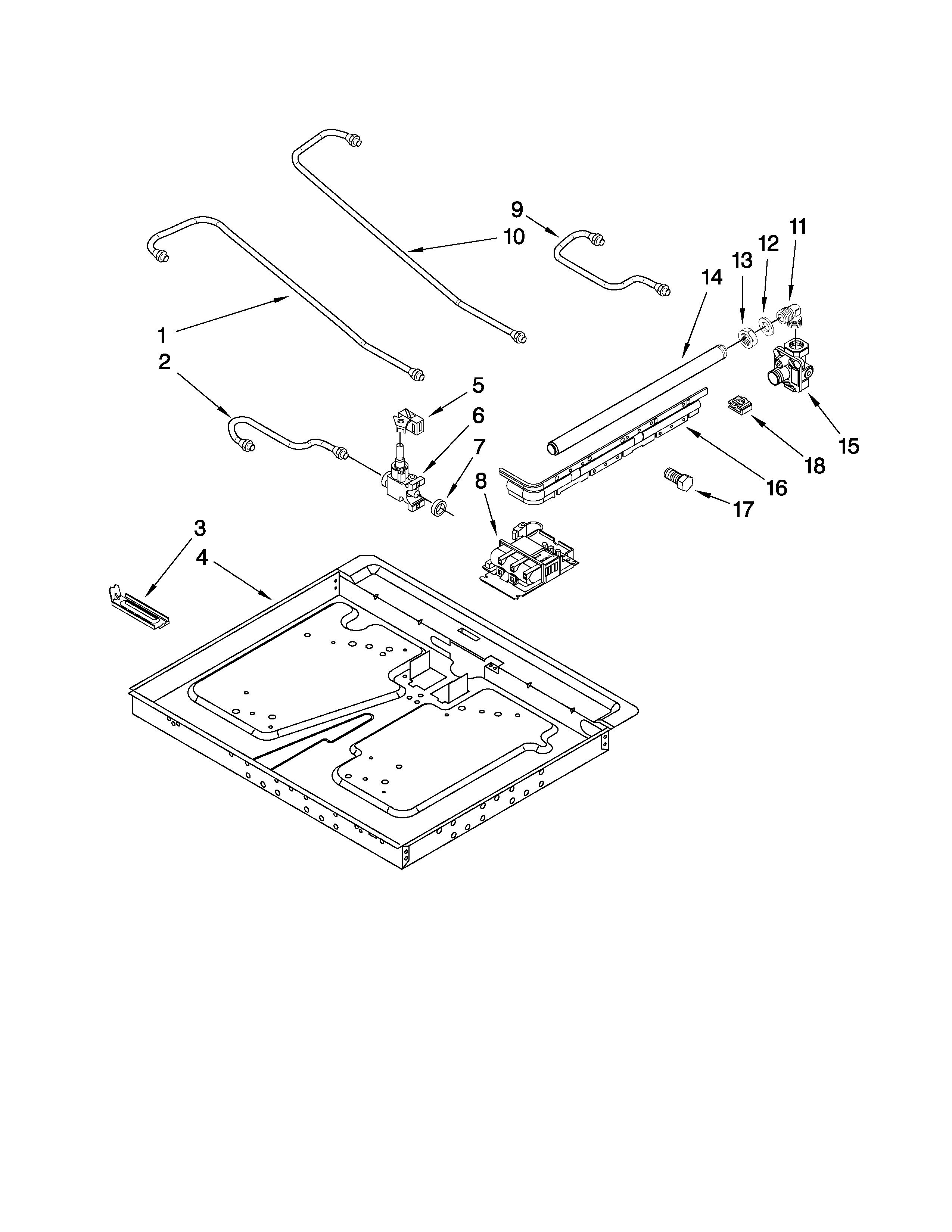 Burner box, gas valves, and switches
