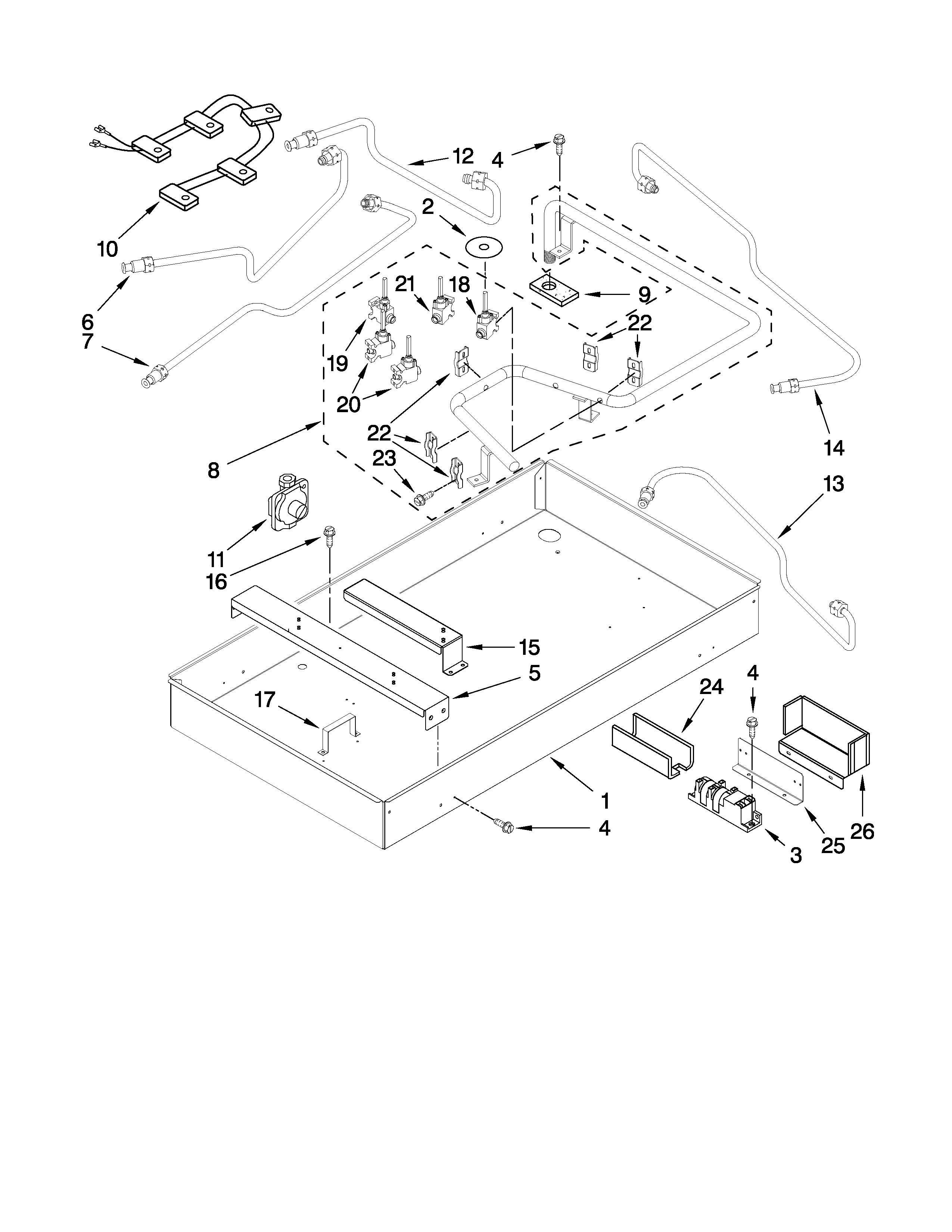 BURNER BOX, GAS VALVES, AND SWITCHES