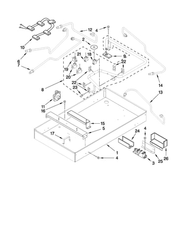 Burner box, gas valves, and switches