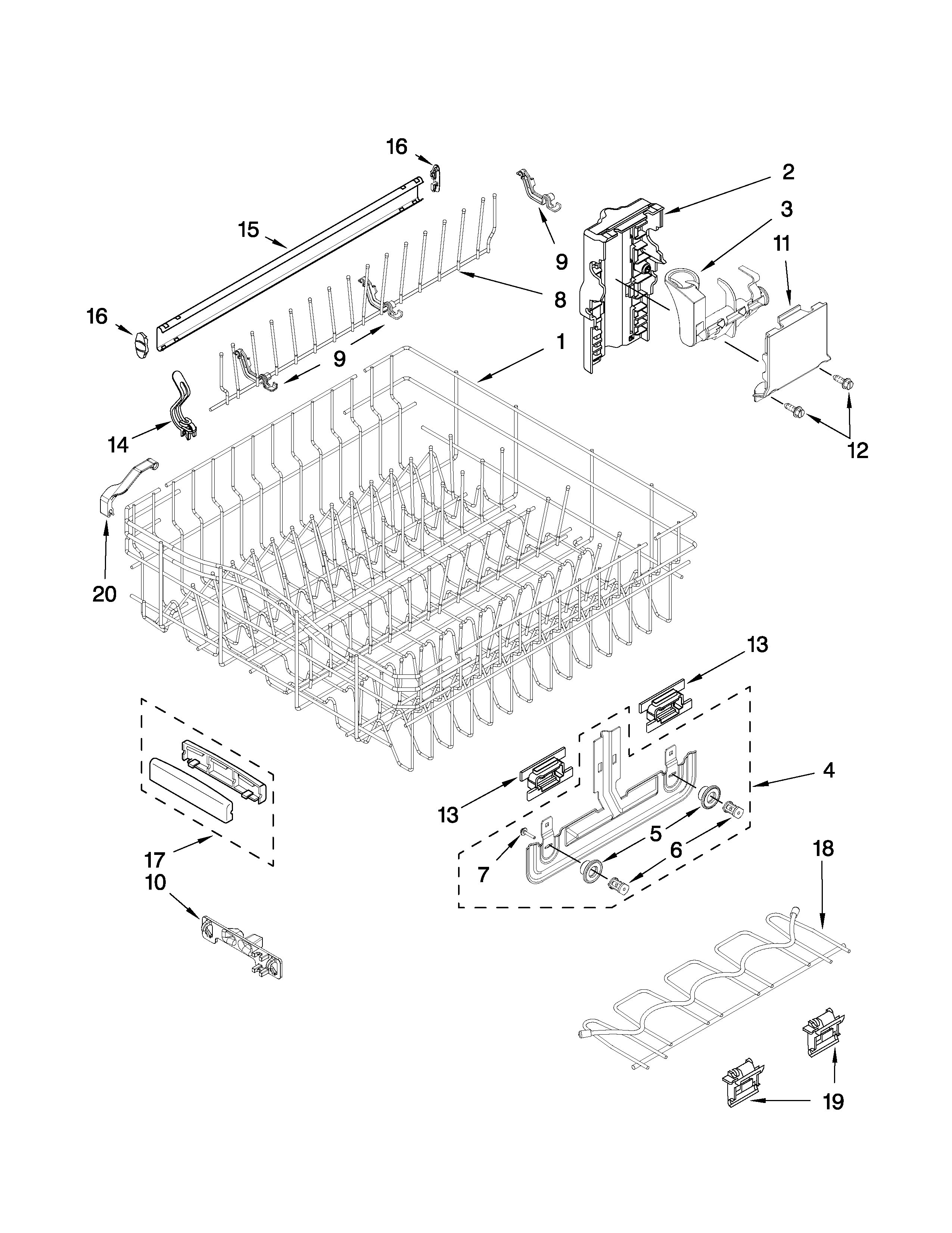 Upper rack and track parts