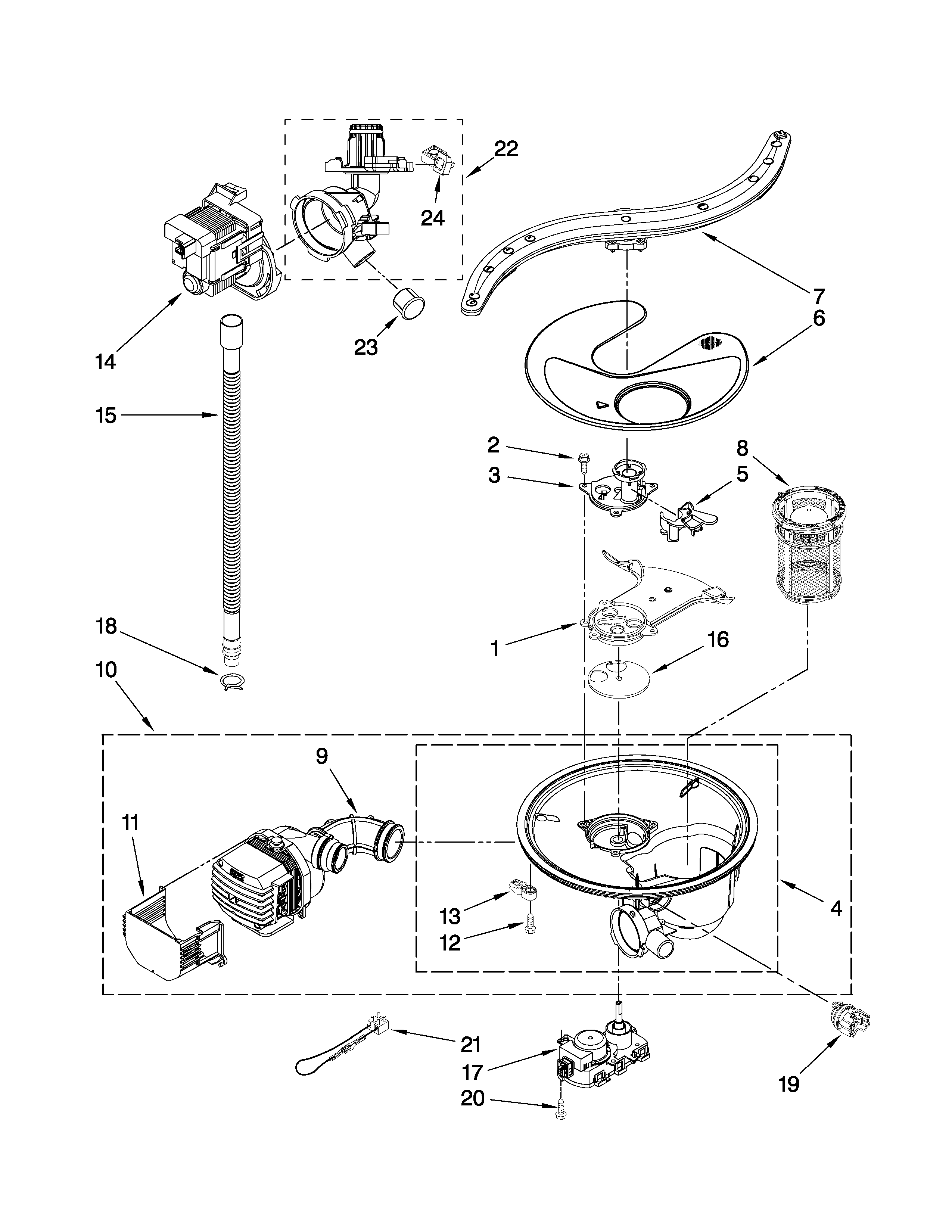 Pump, washarm and motor parts