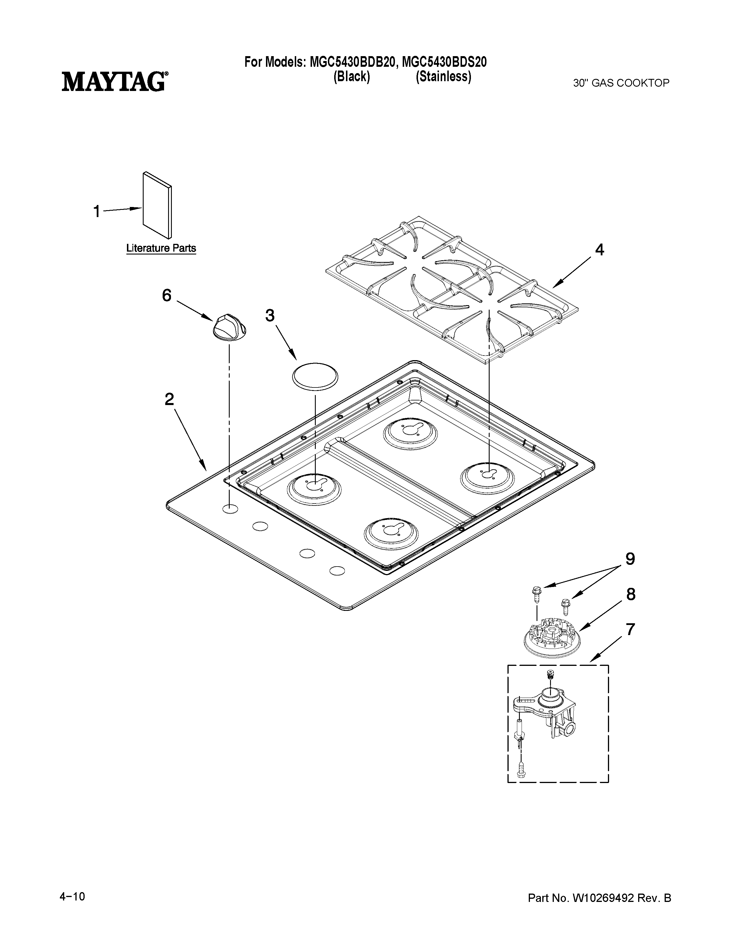 Cooktop, burner and grate parts
