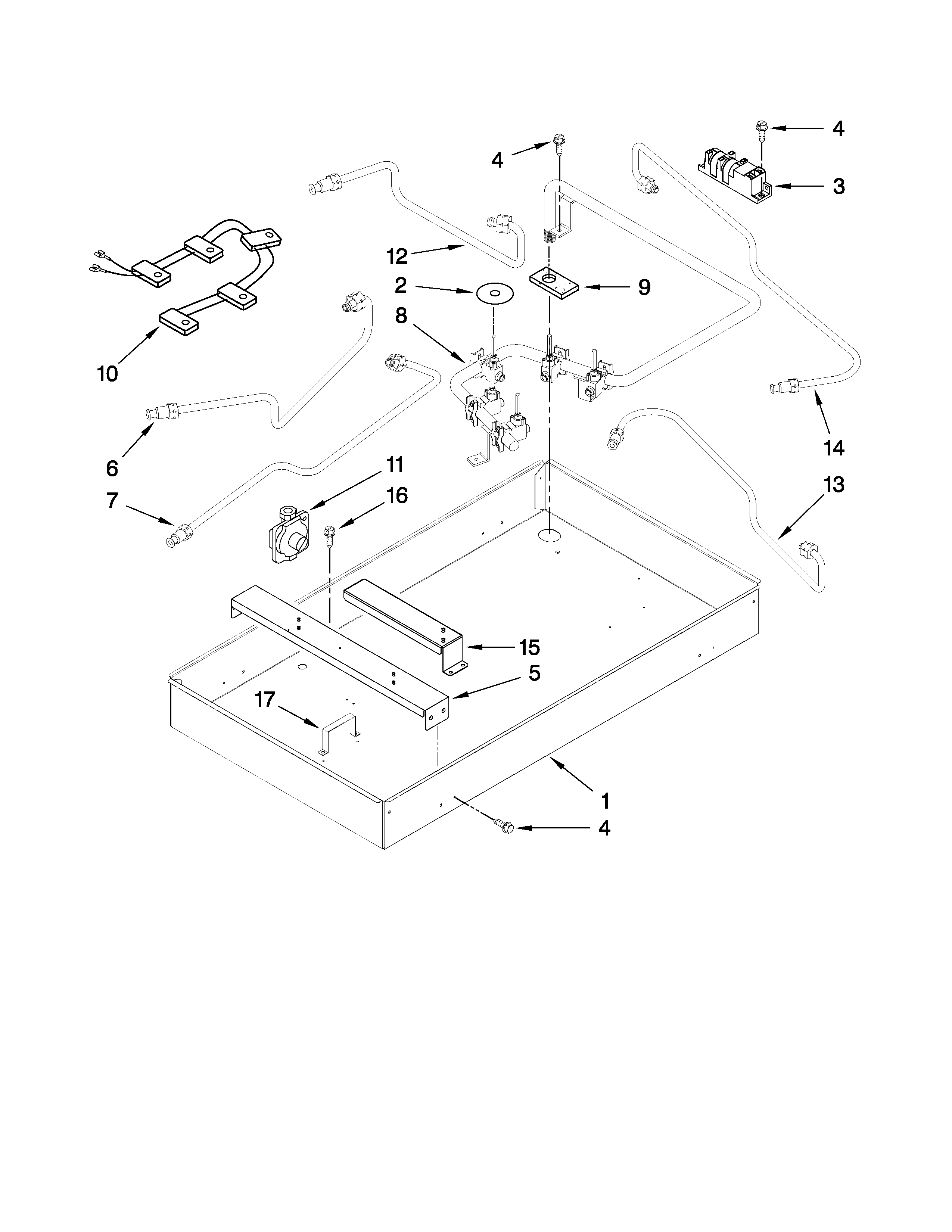 Burner box, gas valves, and switches