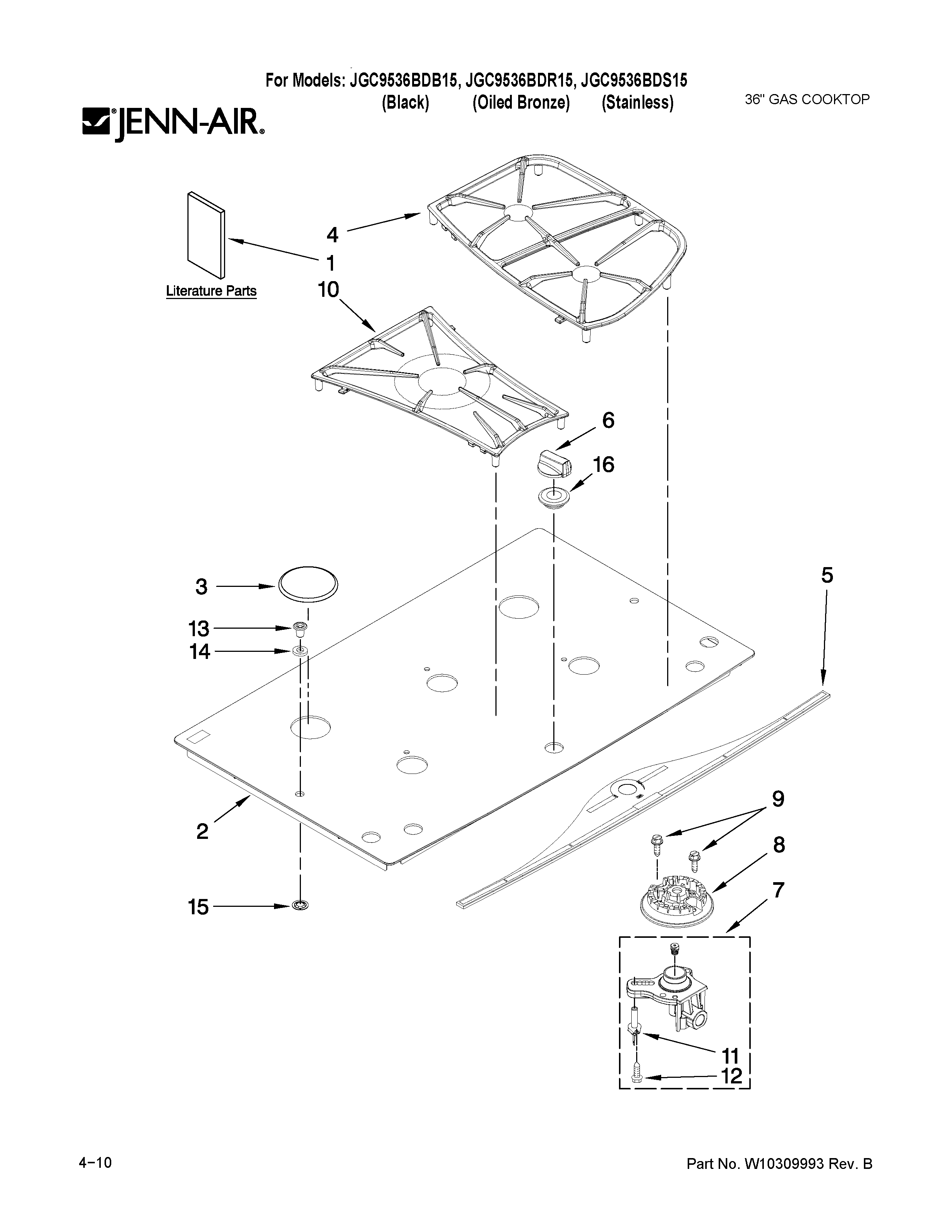 Cooktop, burner and grate parts