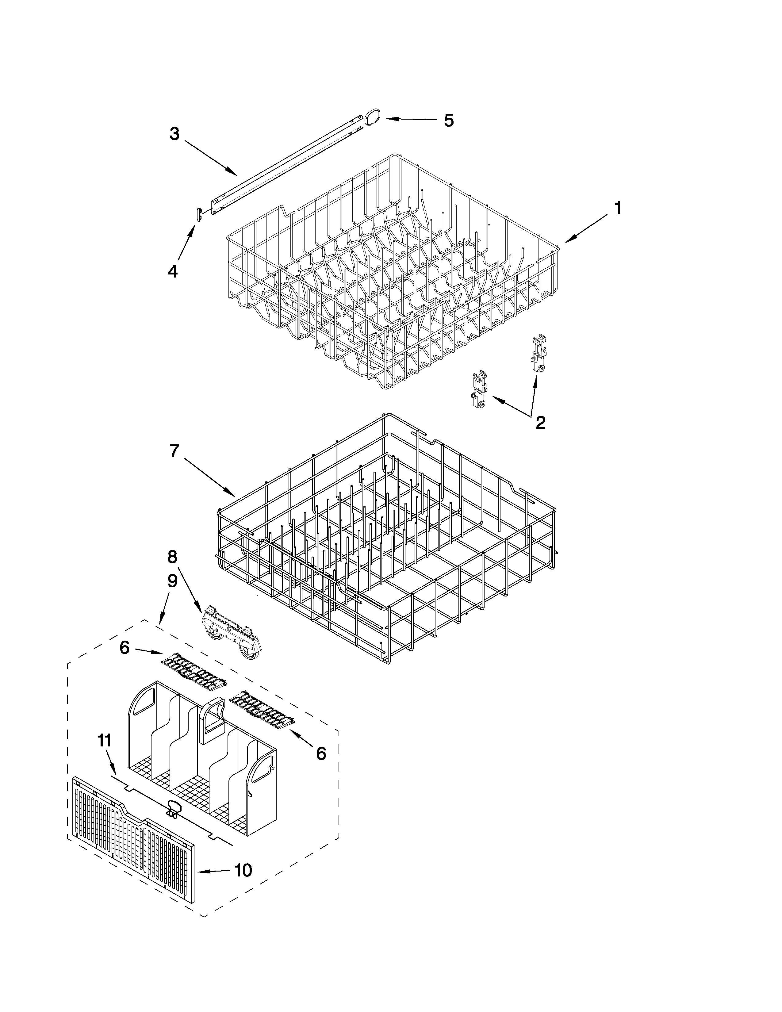 Upper and lower rack and track parts