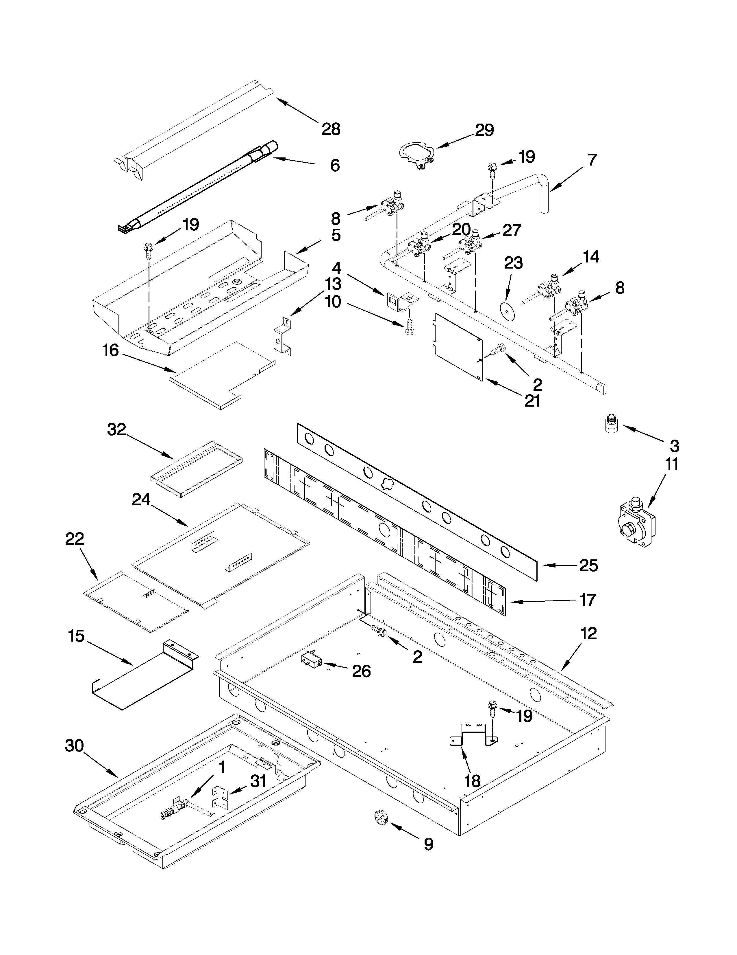 Burner box, gas valves, and switches