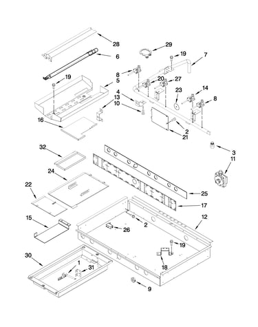 Burner box, gas valves, and switches