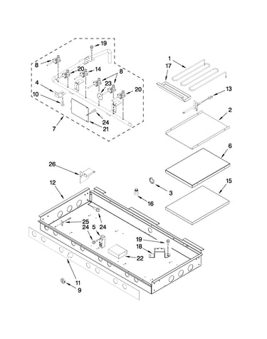 Burner box, gas valves, and switches