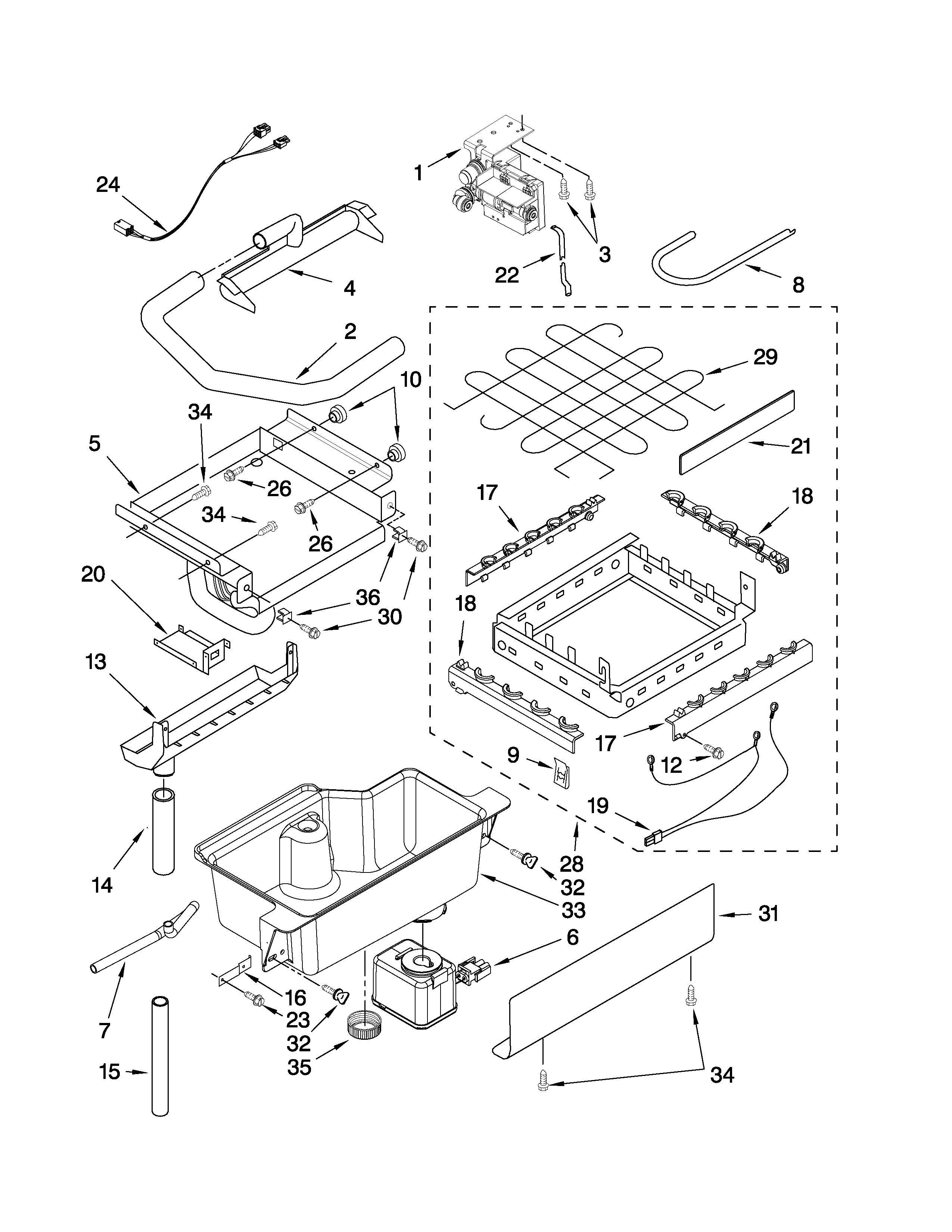 Evaporator, ice cutter grid and water parts