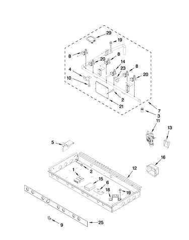 Burner box, gas valves, and switches