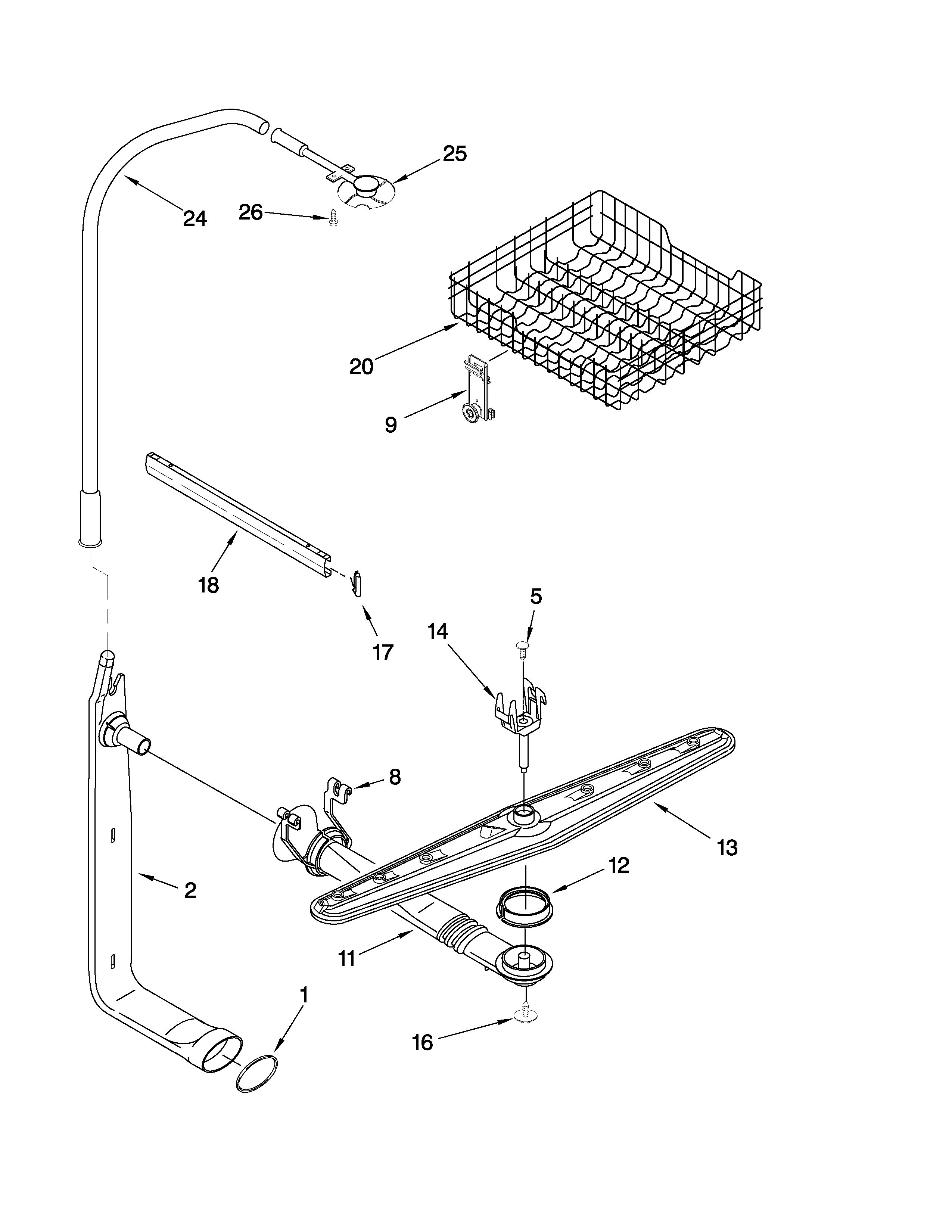 Upper dishrack and water feed parts