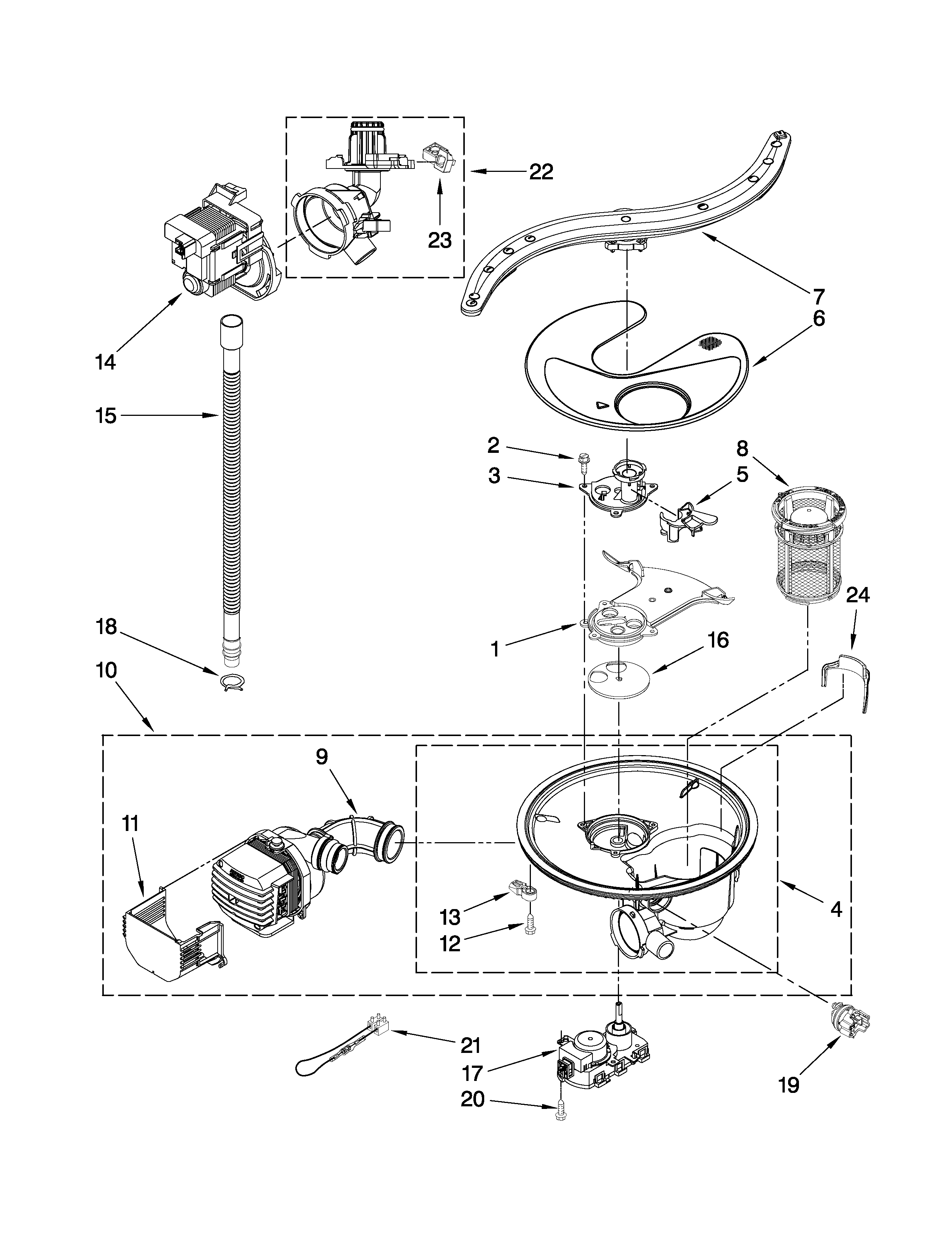 Pump, washarm and motor parts