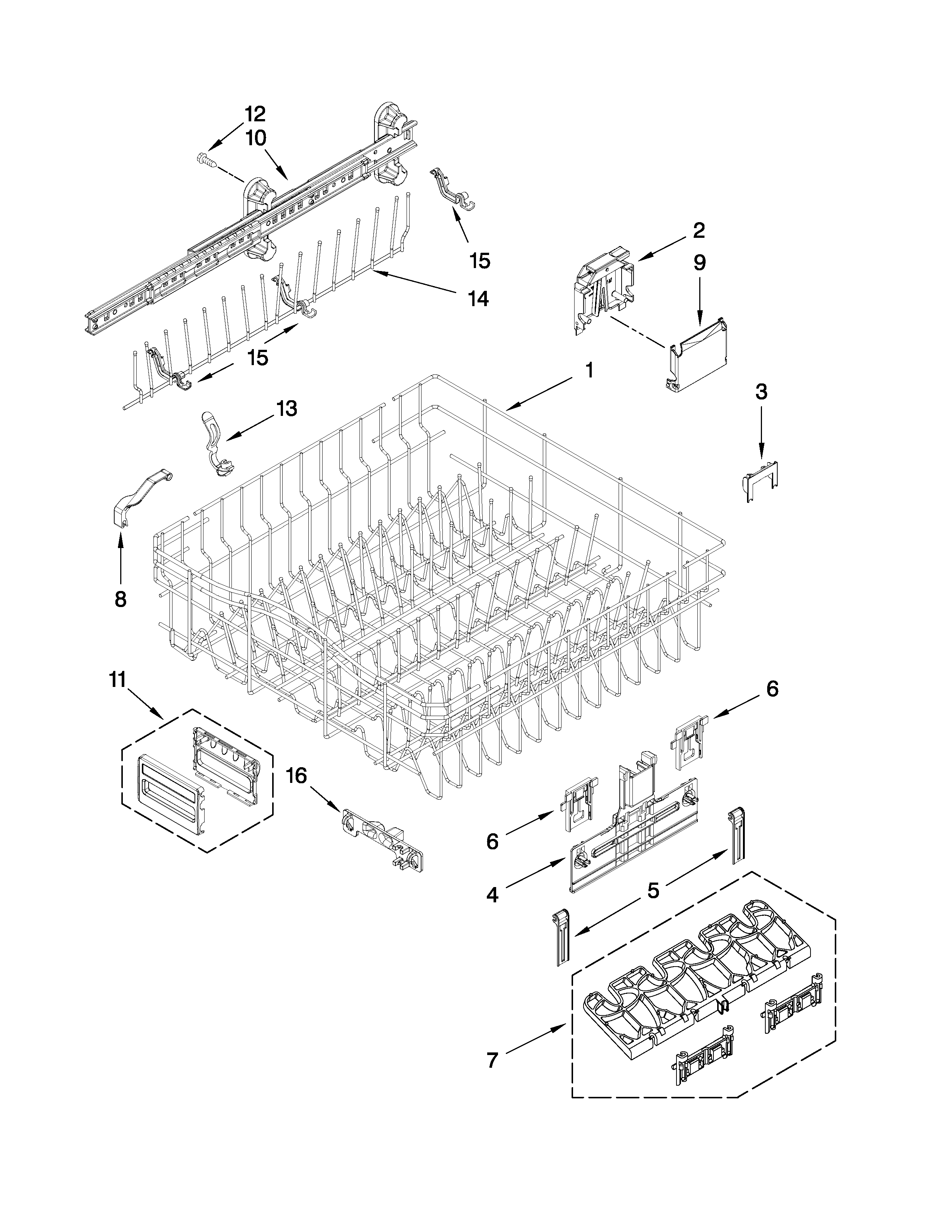 Upper rack and track parts