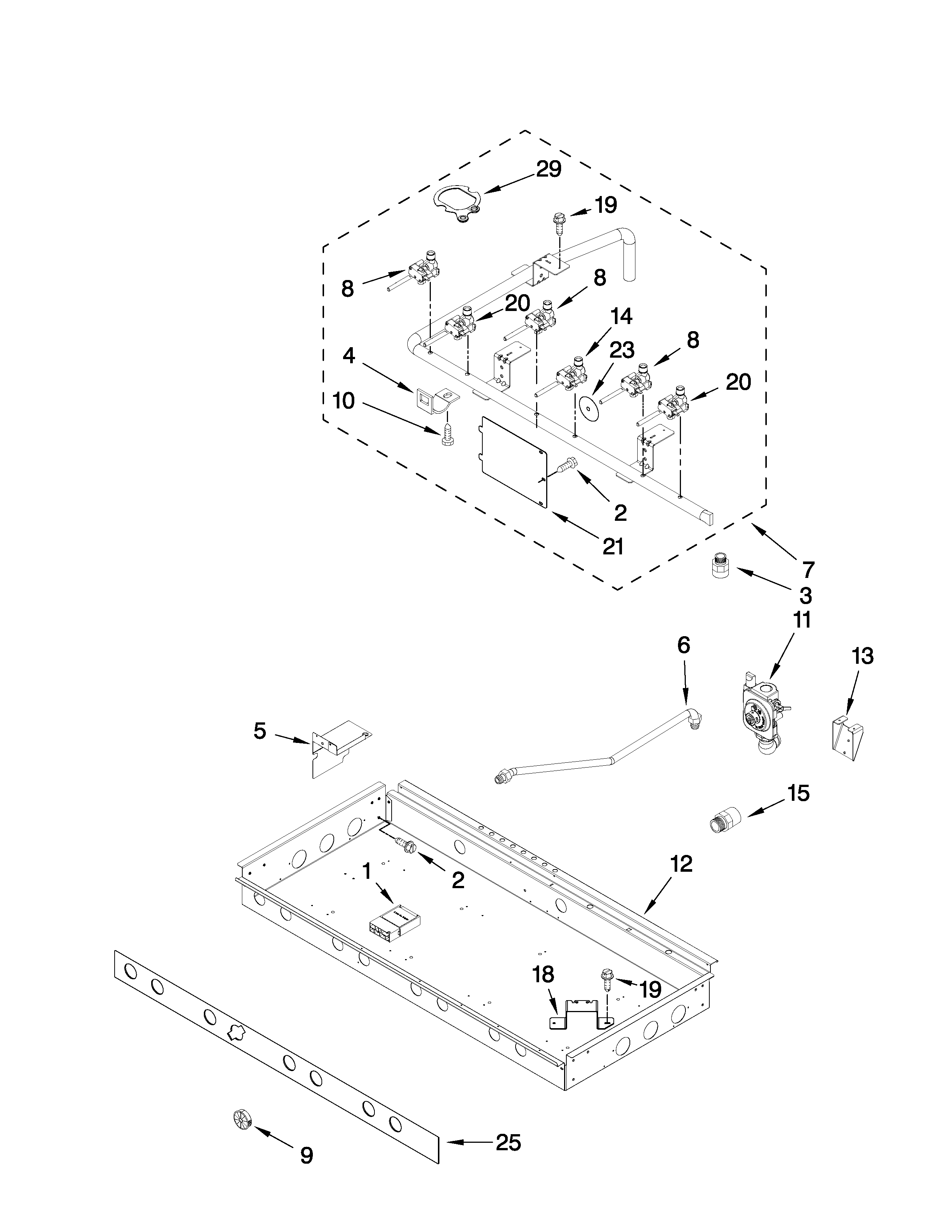 Burner box, gas valves, and switches