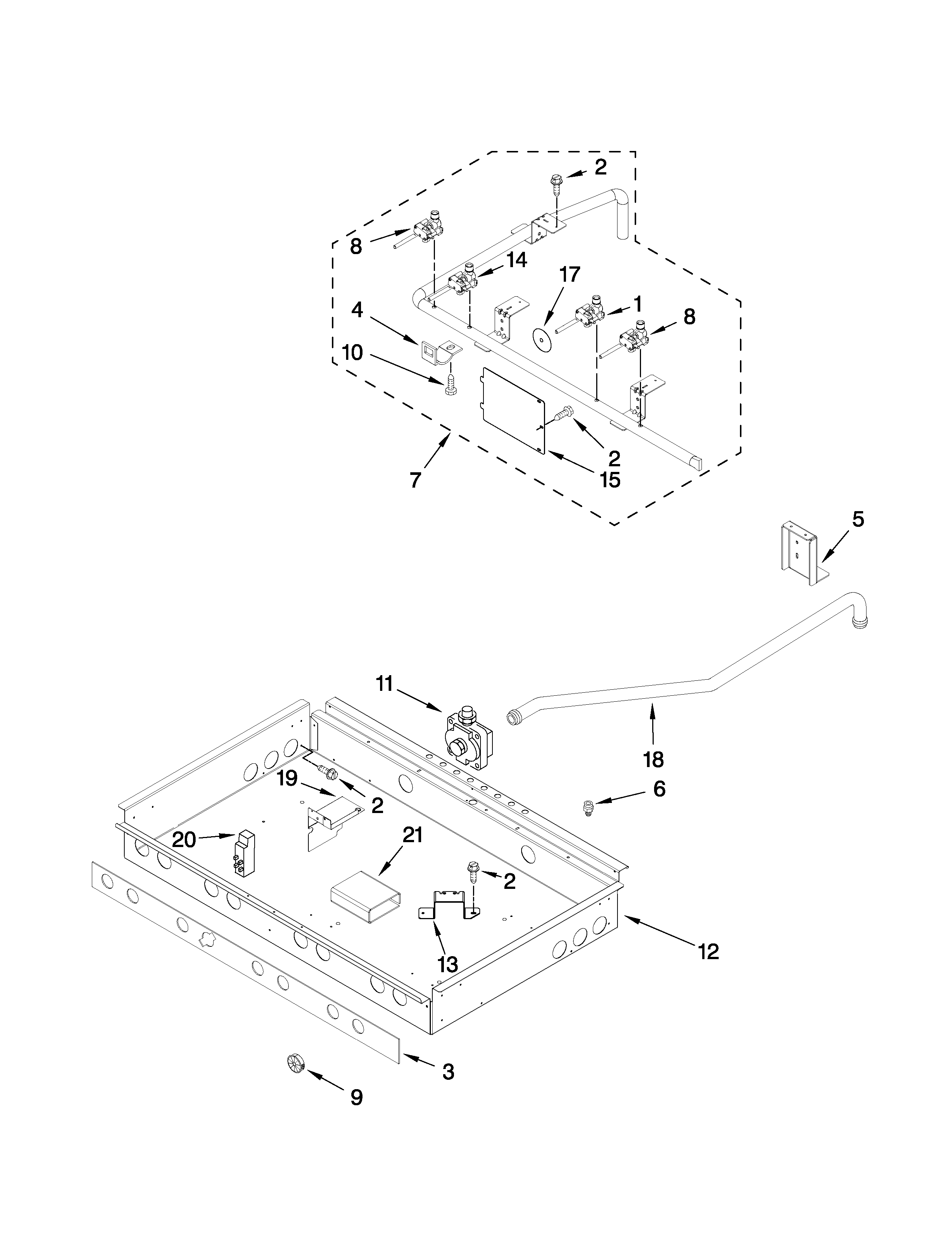 BURNER BOX, GAS VALVES, AND SWITCHES