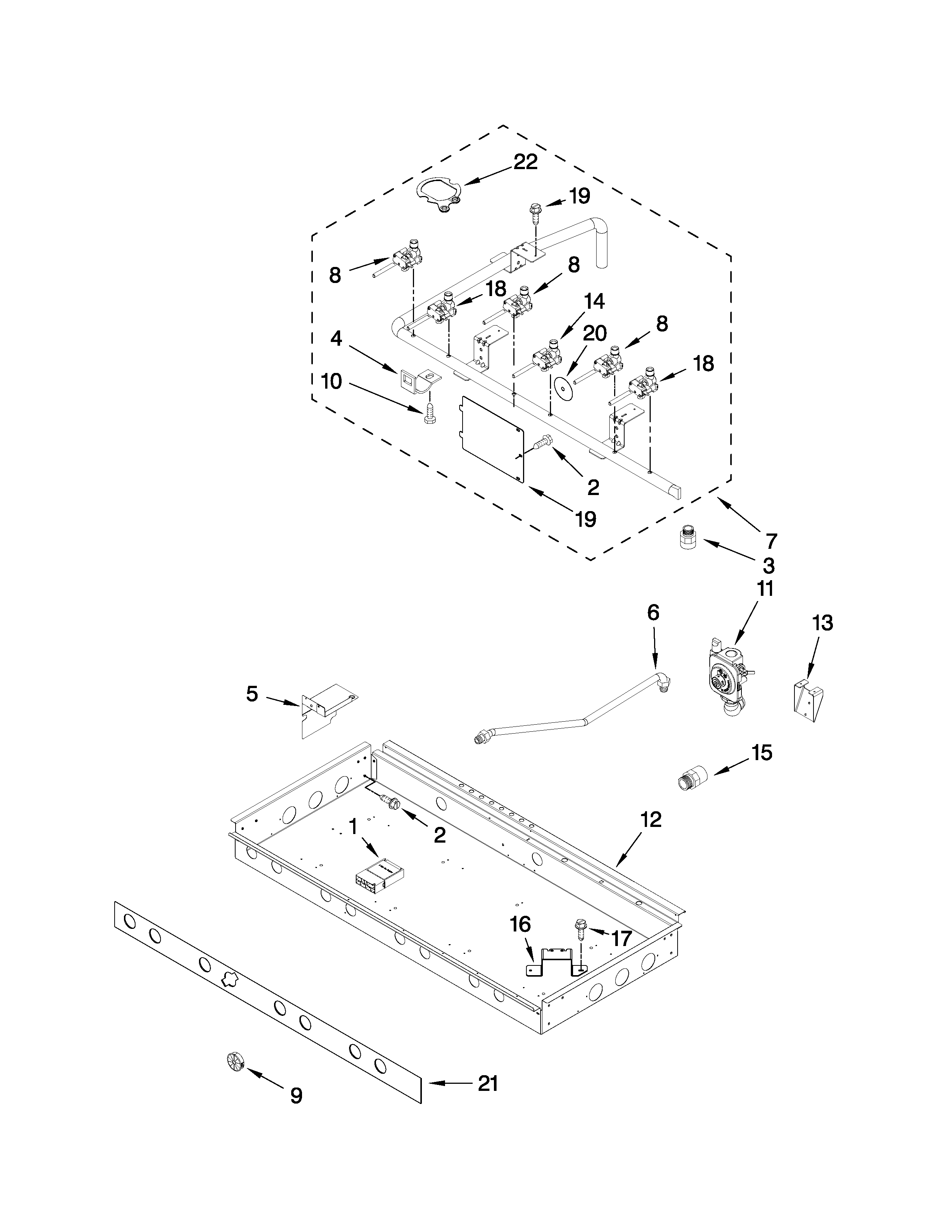 Burner box, gas valves, and switches