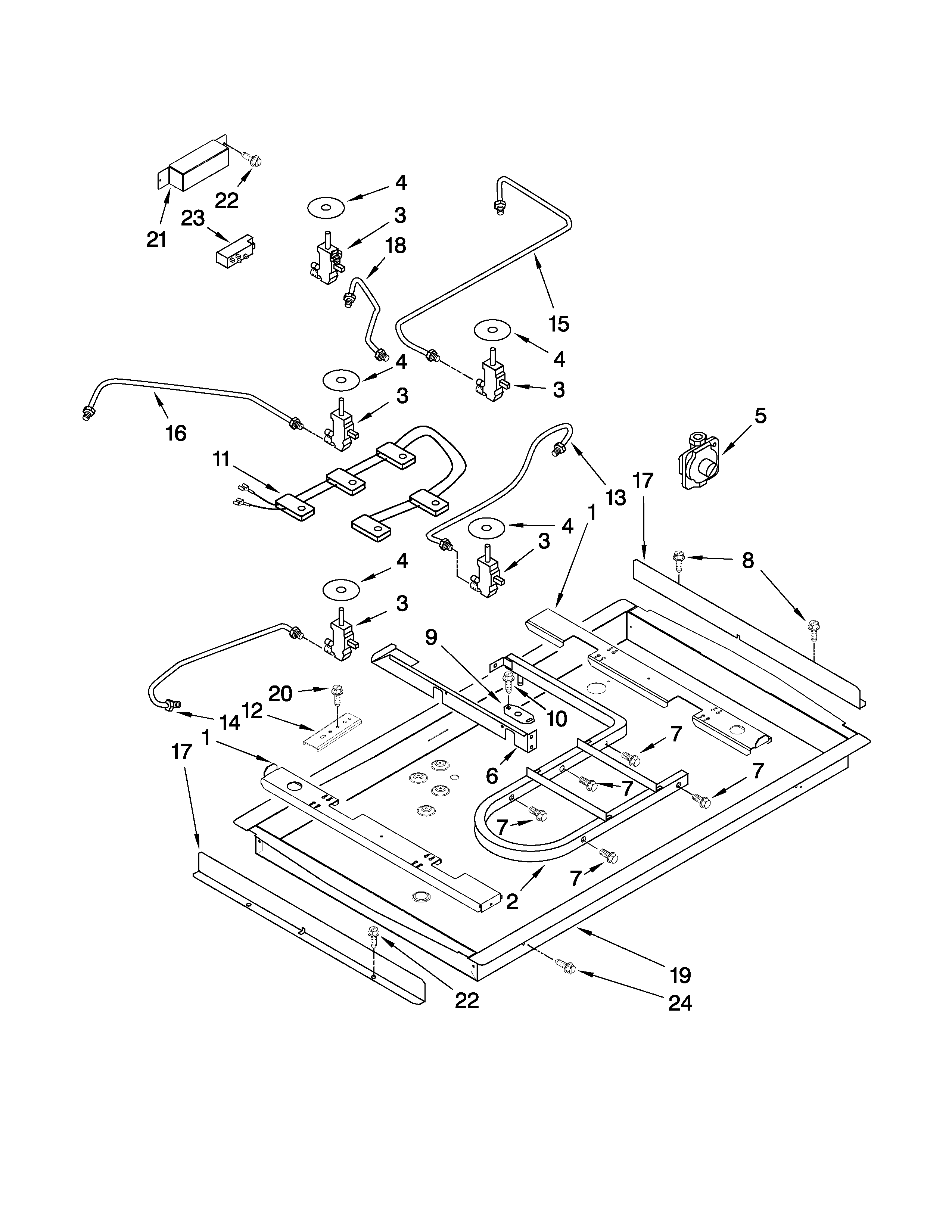 Burner box, gas valves, and switches