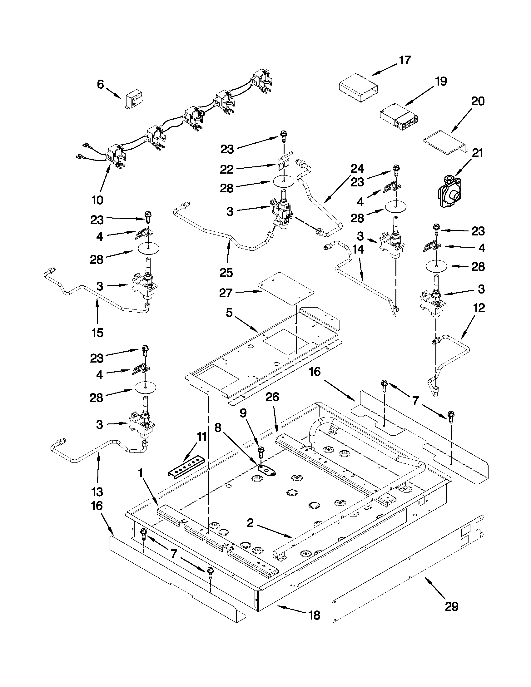 BURNER BOX, GAS VALVES, AND SWITCHES