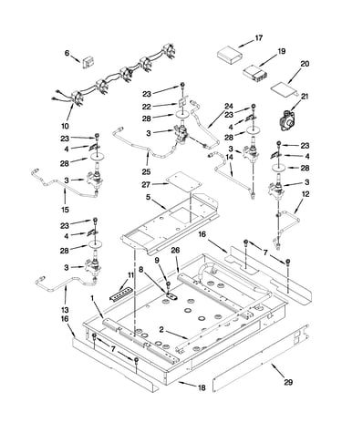 Burner box, gas valves, and switches