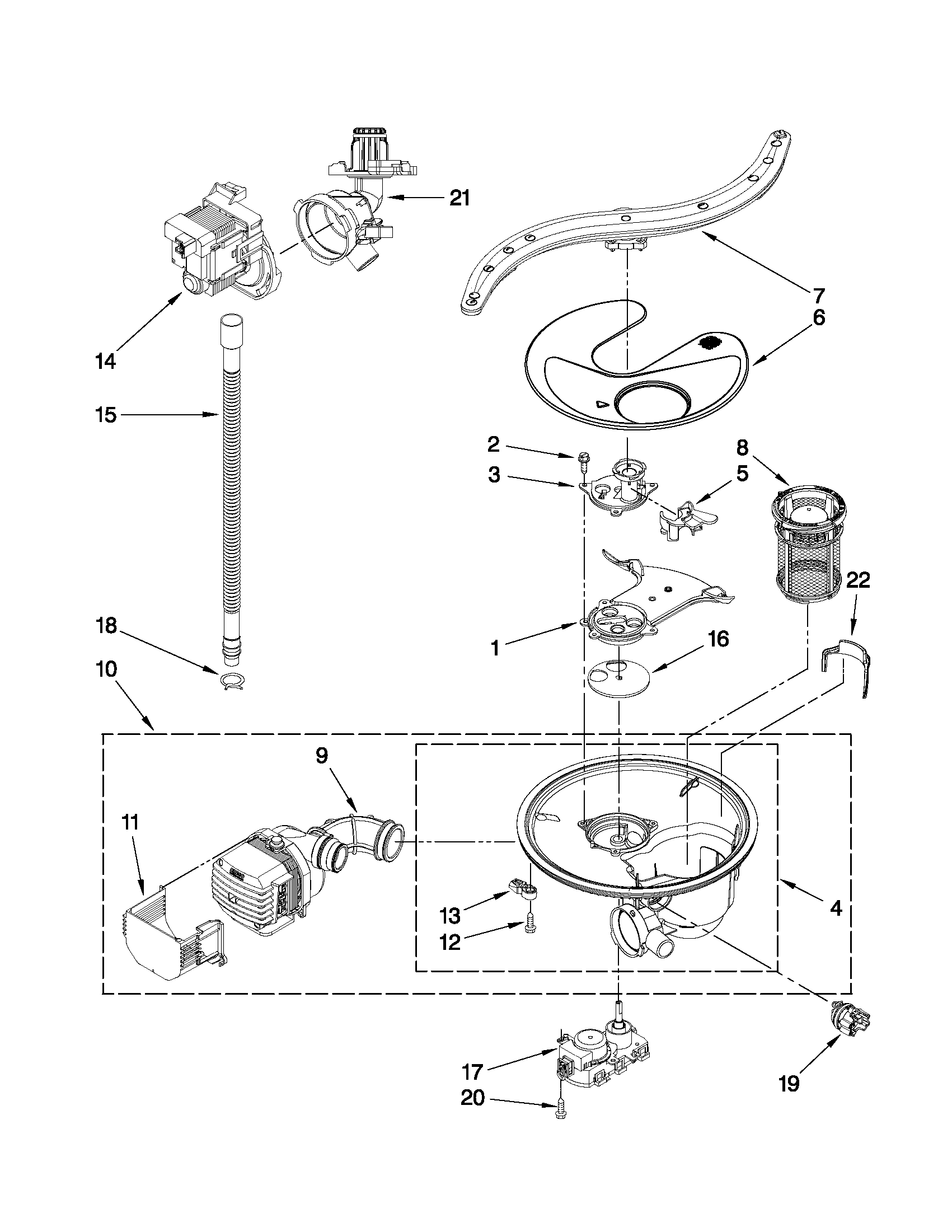 Pump, washarm and motor parts