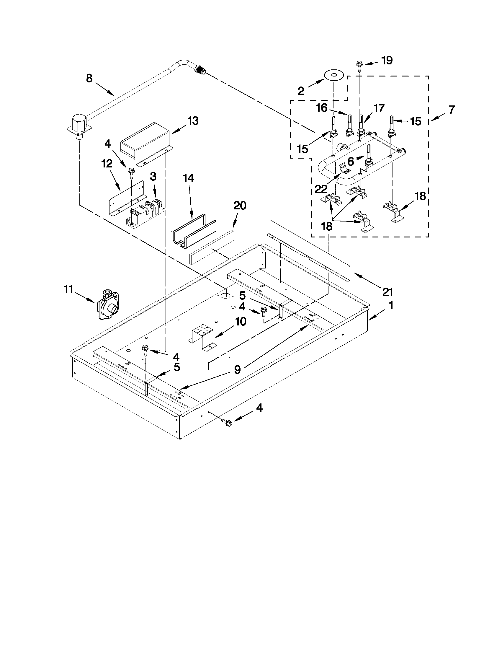 Burner box, gas valves, and switches