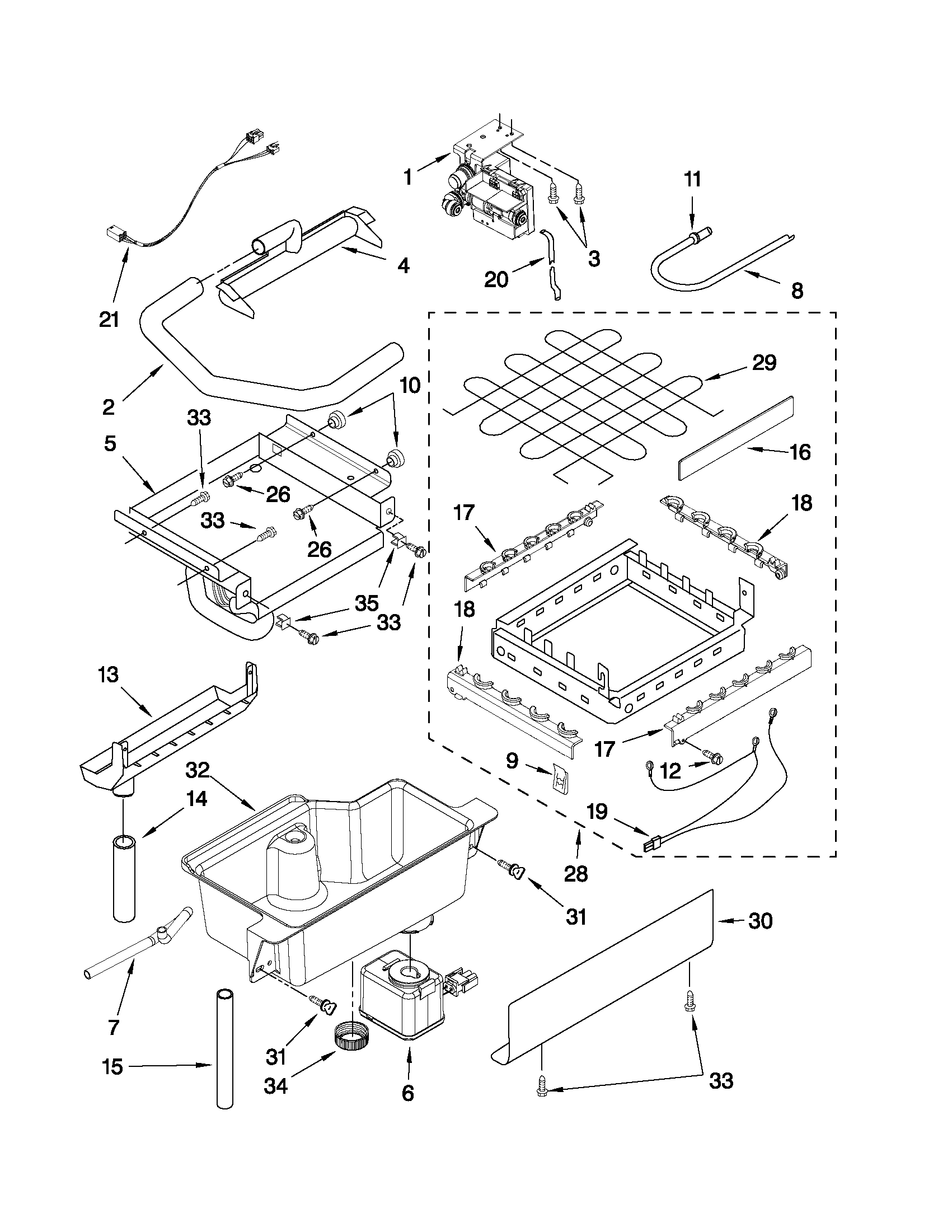 Evaporator, ice cutter grid and water parts