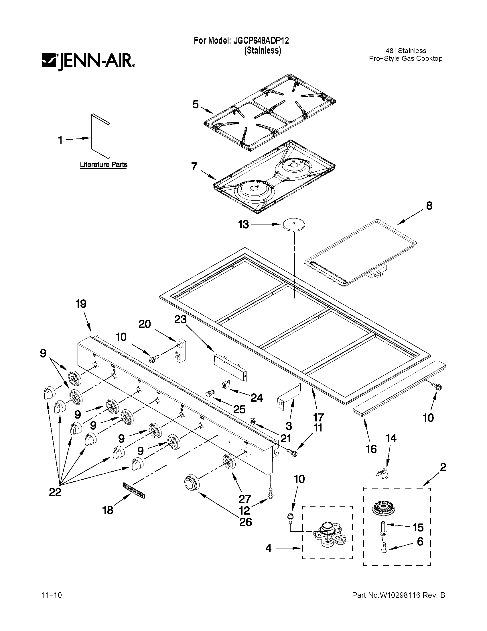 Cooktop, burner and grate parts