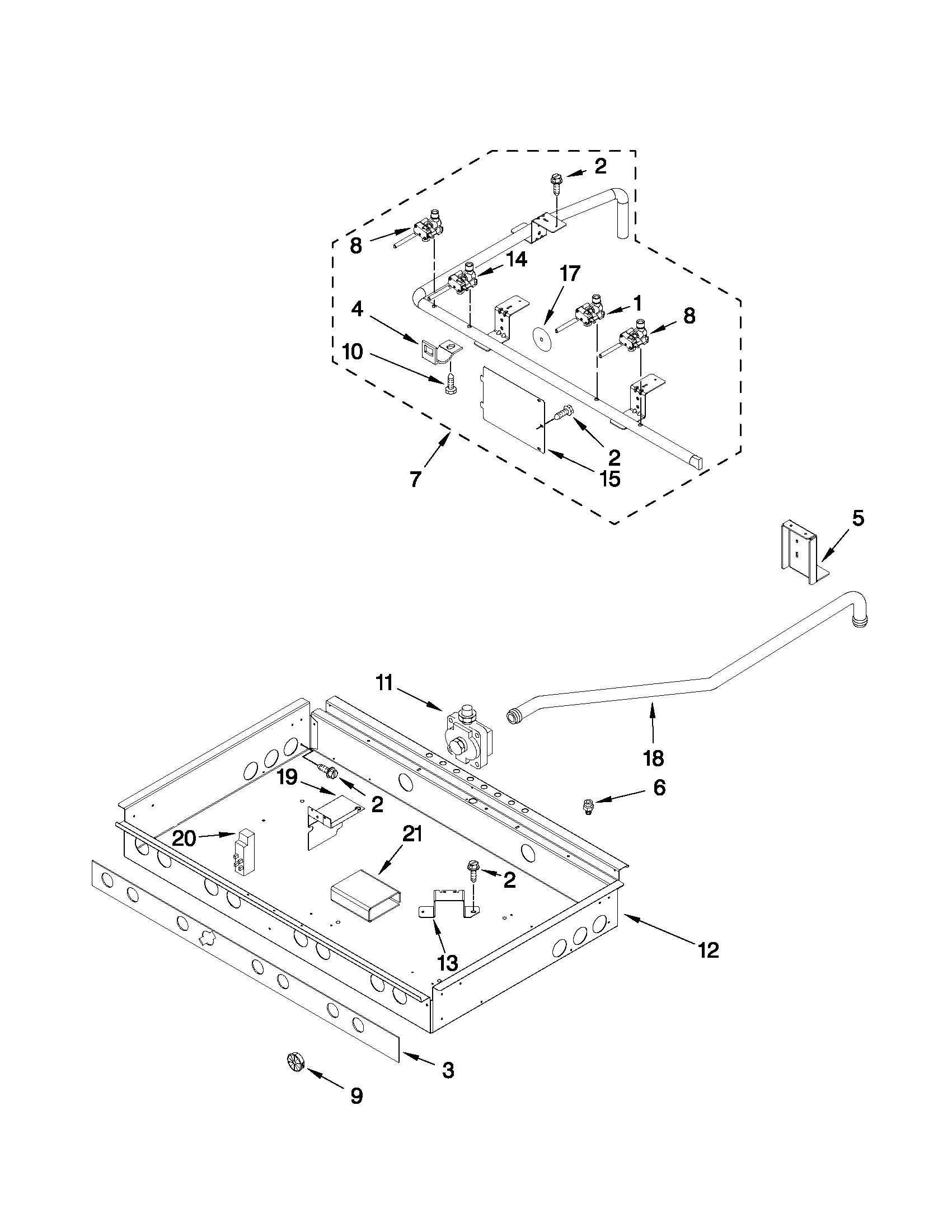 BURNER BOX, GAS VALVES, AND SWITCHES