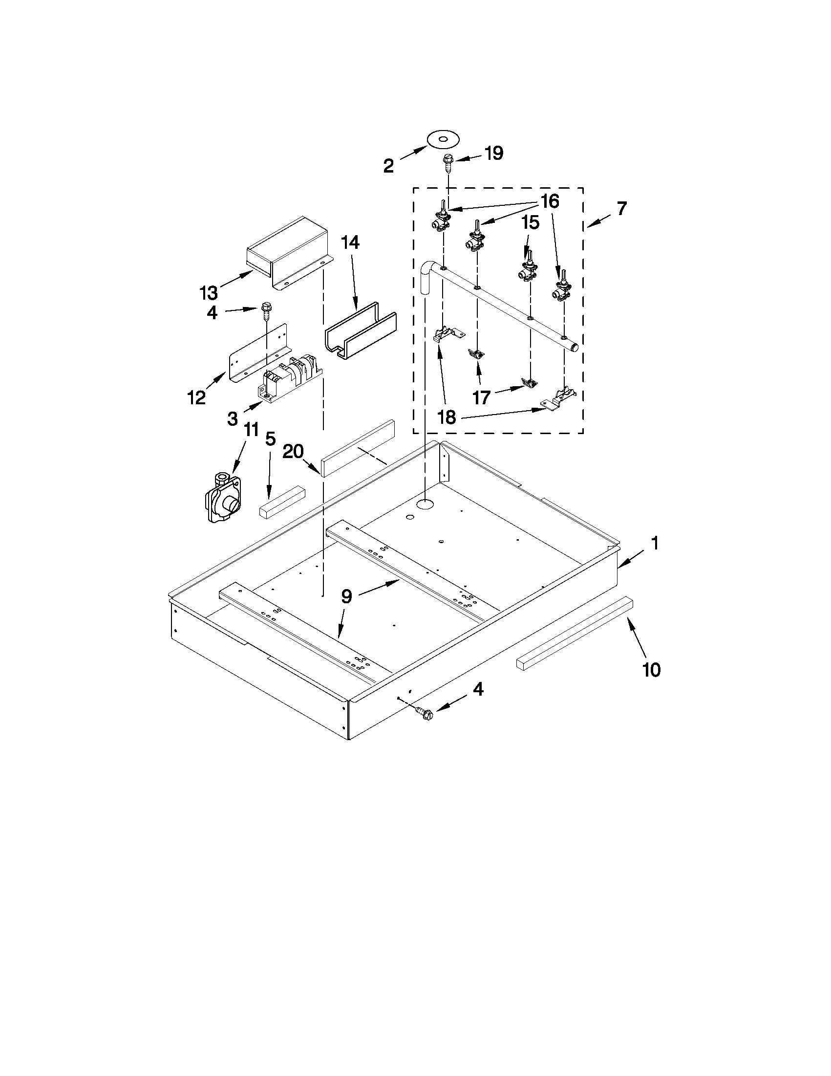 BURNER BOX, GAS VALVES, AND SWITCHES