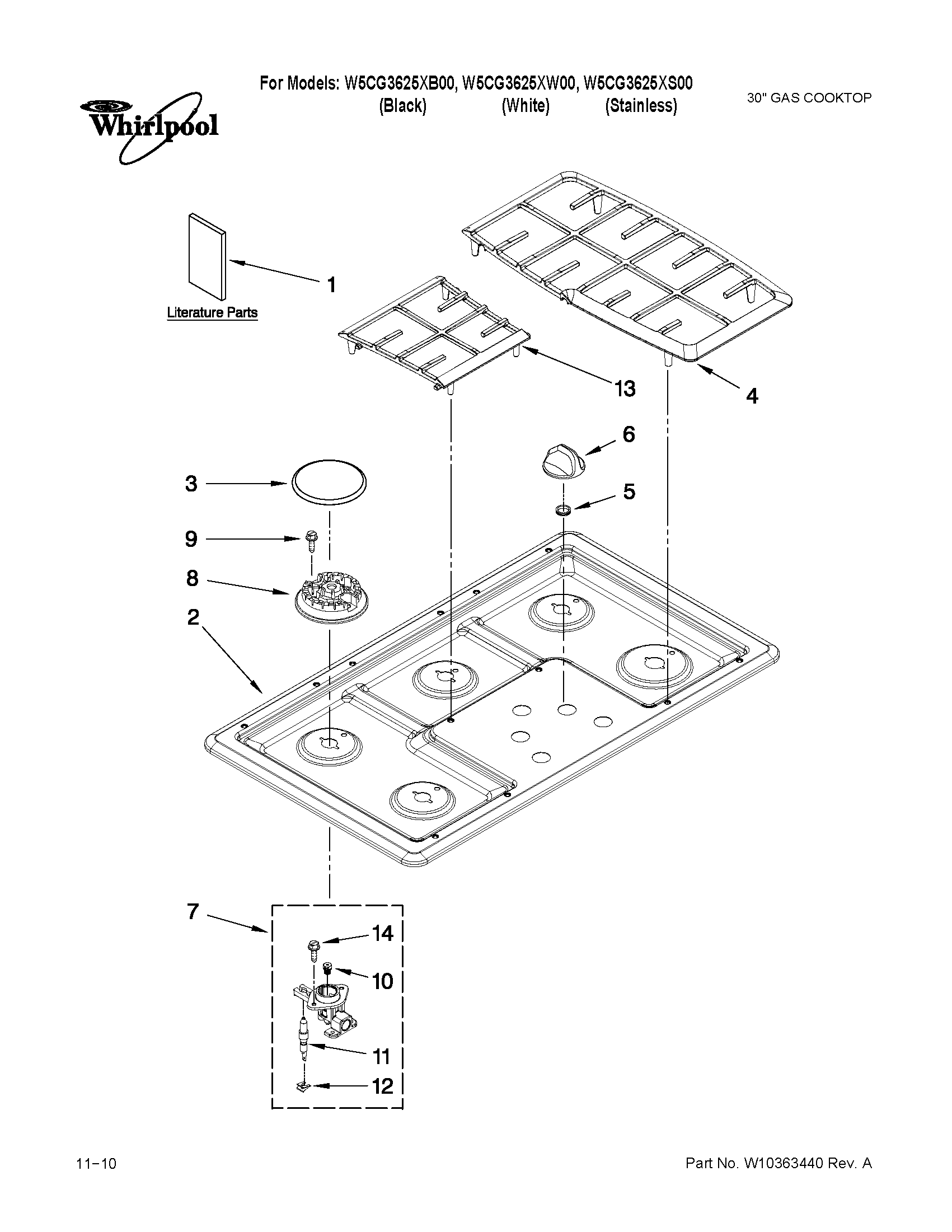 Cooktop, burner and grate parts