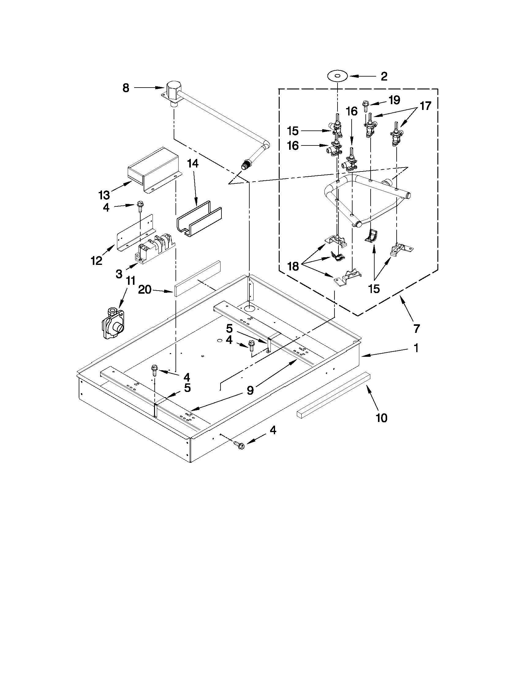 BURNER BOX, GAS VALVES, AND SWITCHES