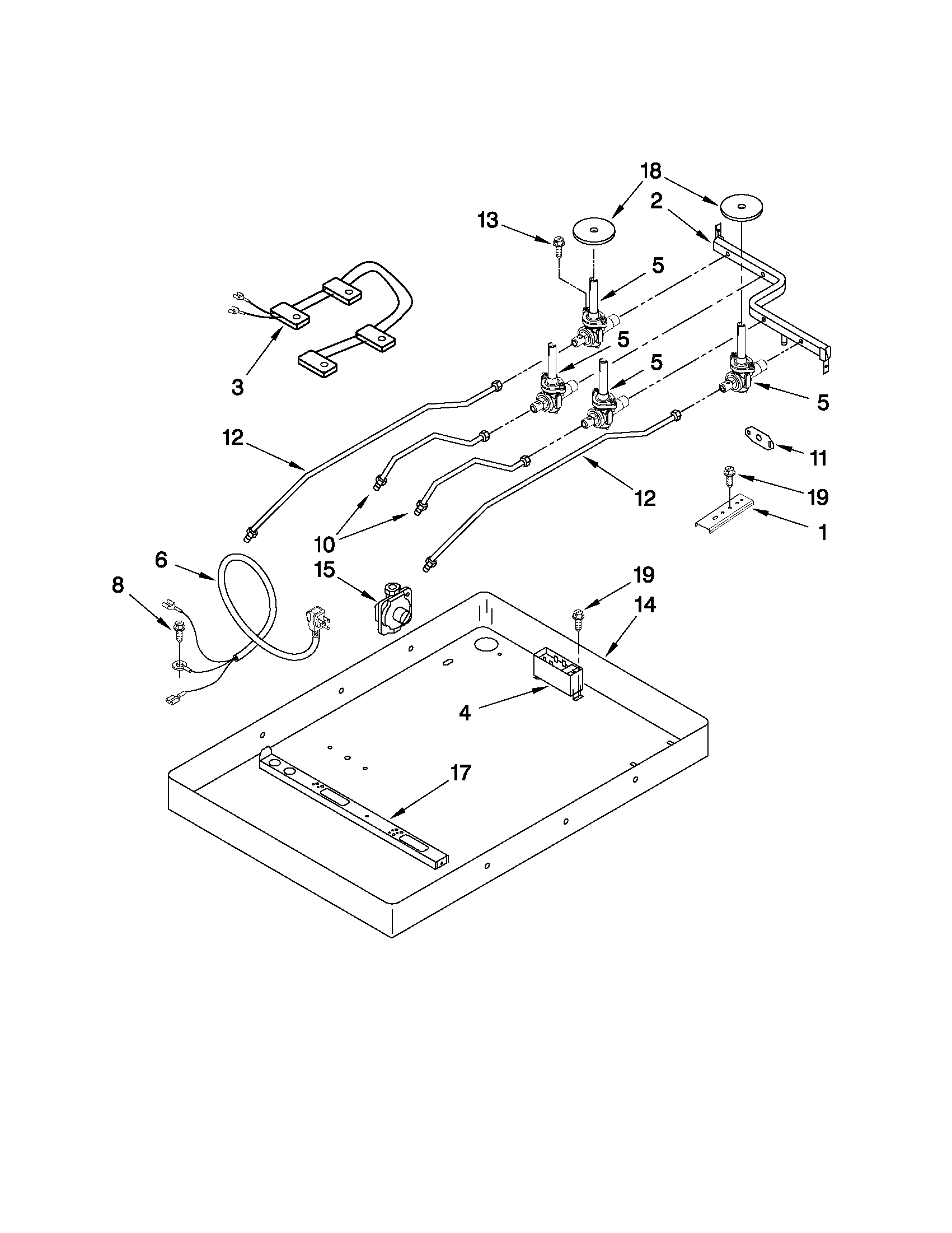 Burner box, gas valves, and switches