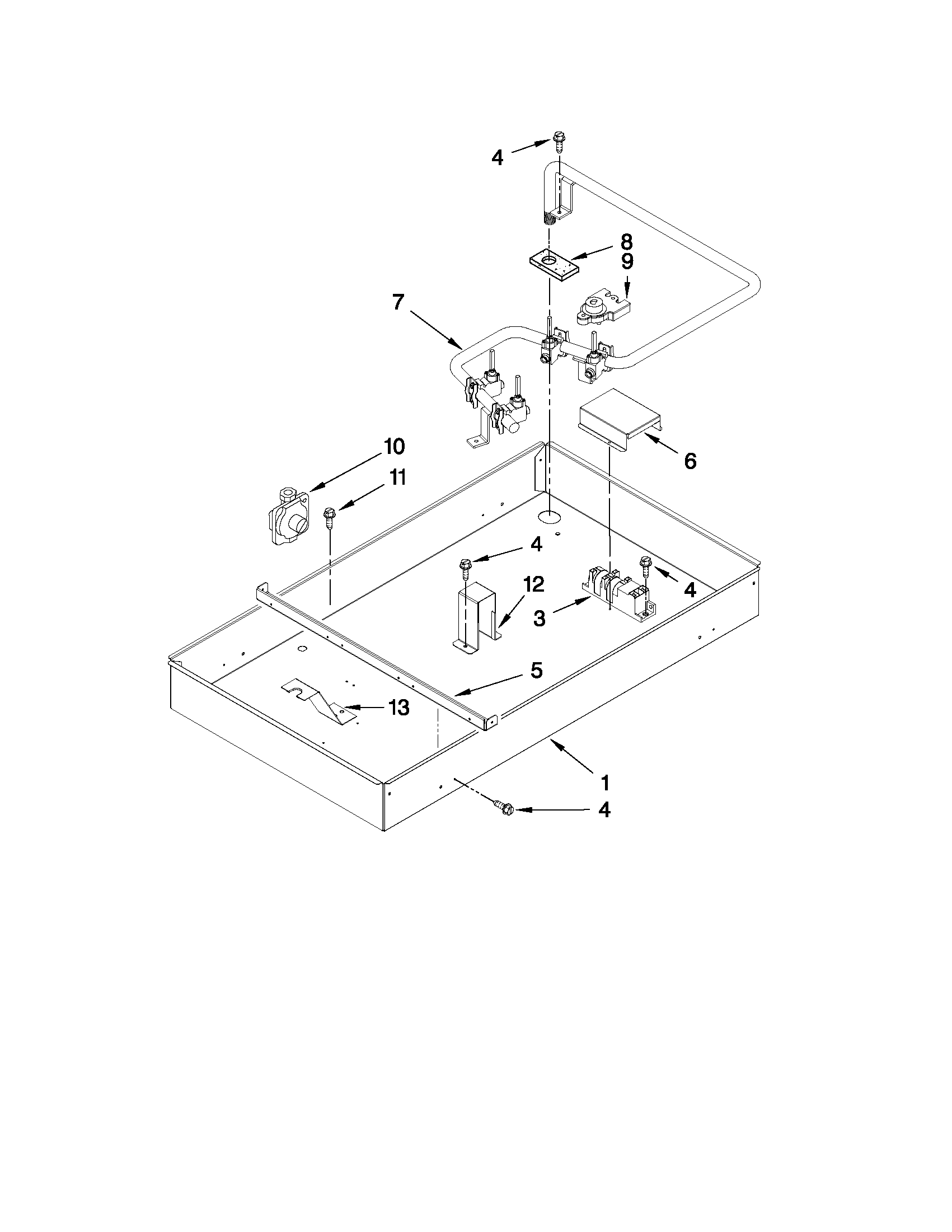 BURNER BOX, GAS VALVES, AND SWITCHES