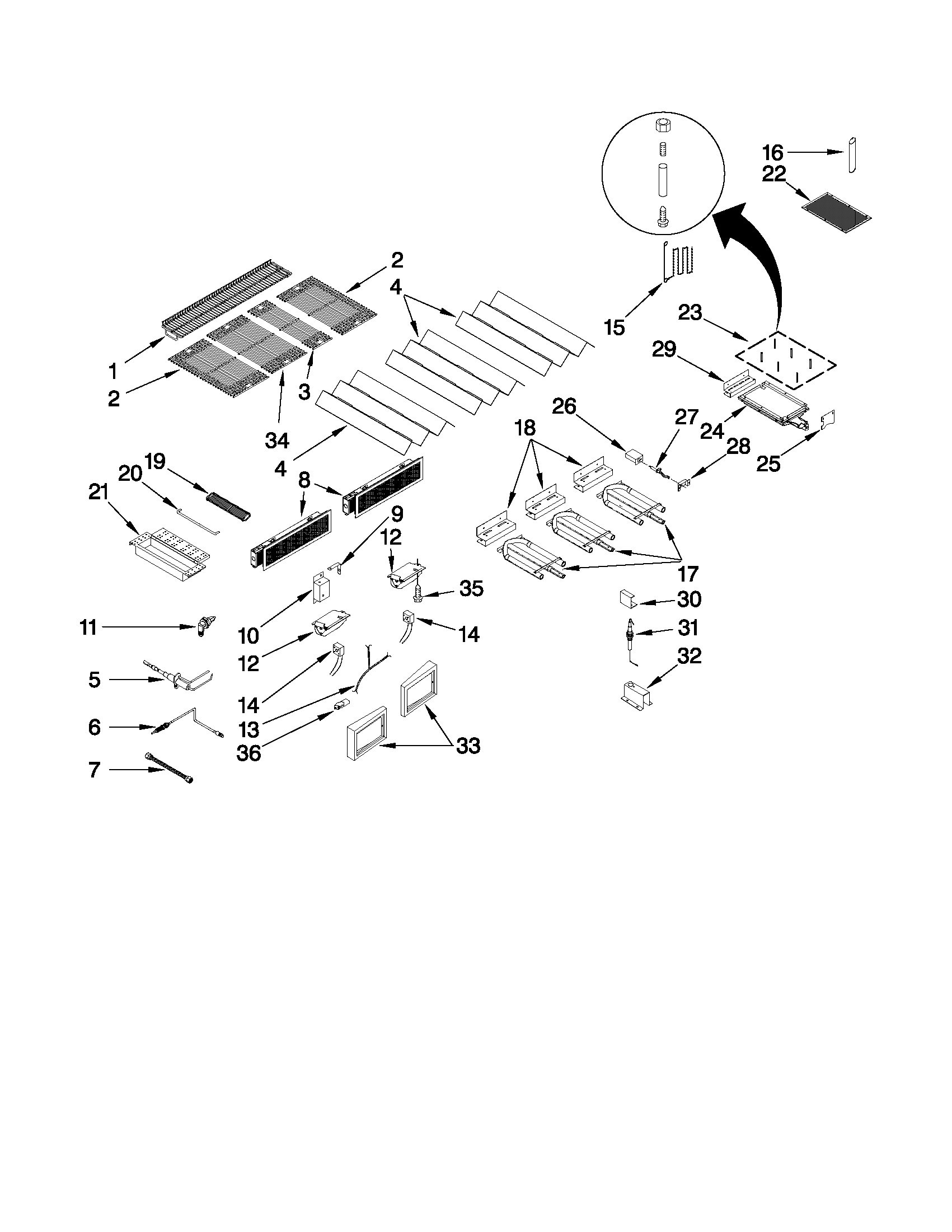 Burners, grates, and lights parts