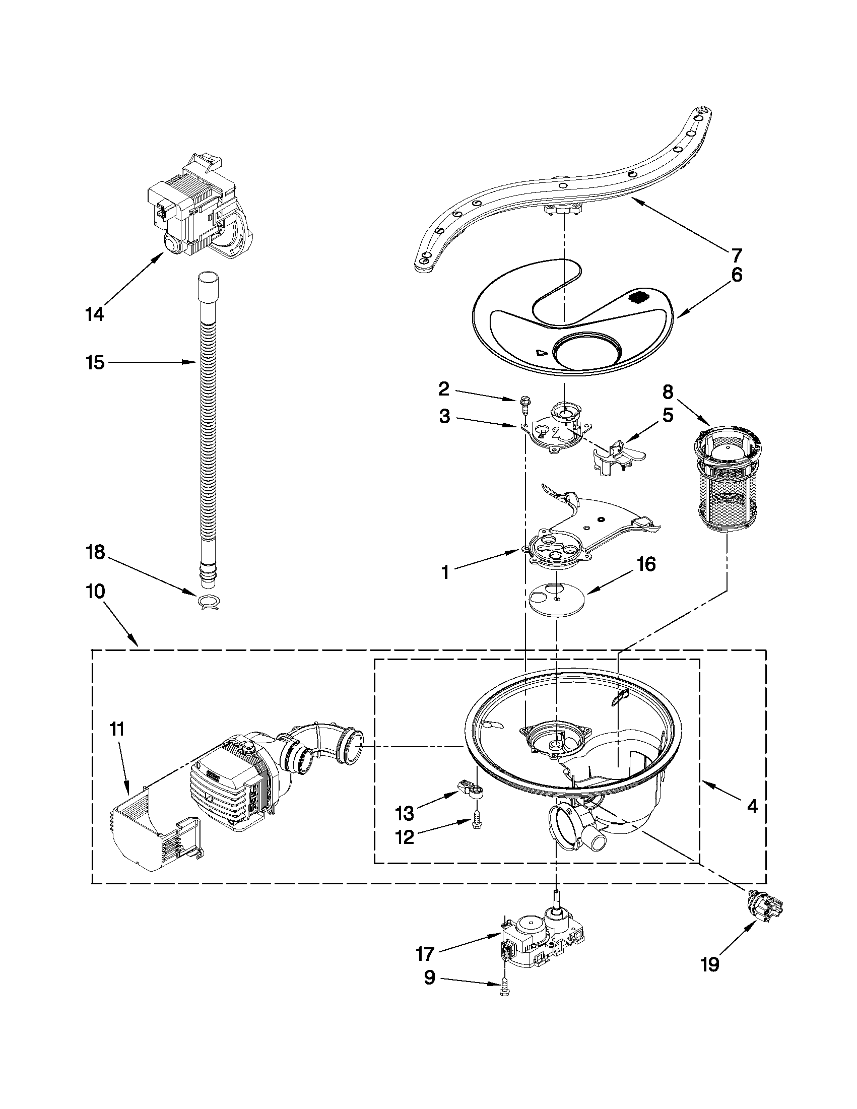 Pump, washarm and motor parts