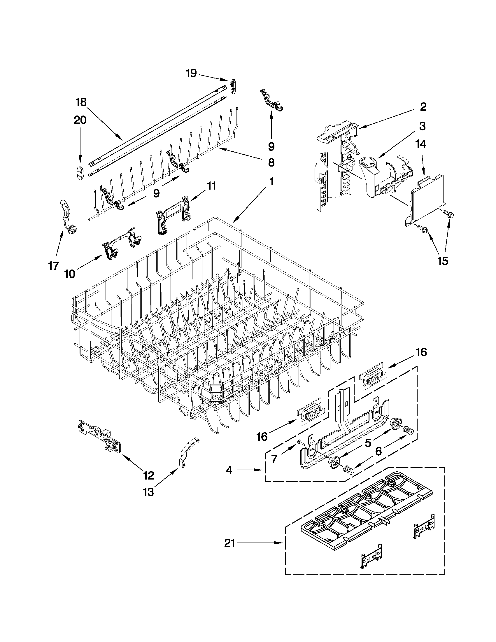 Upper rack and track parts