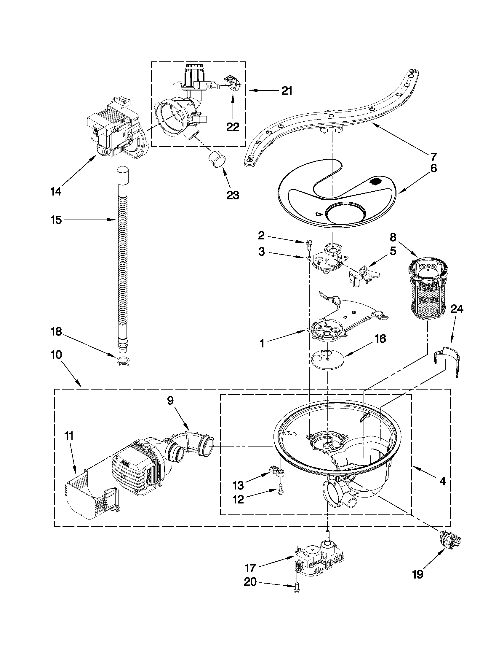 Pump, washarm and motor parts