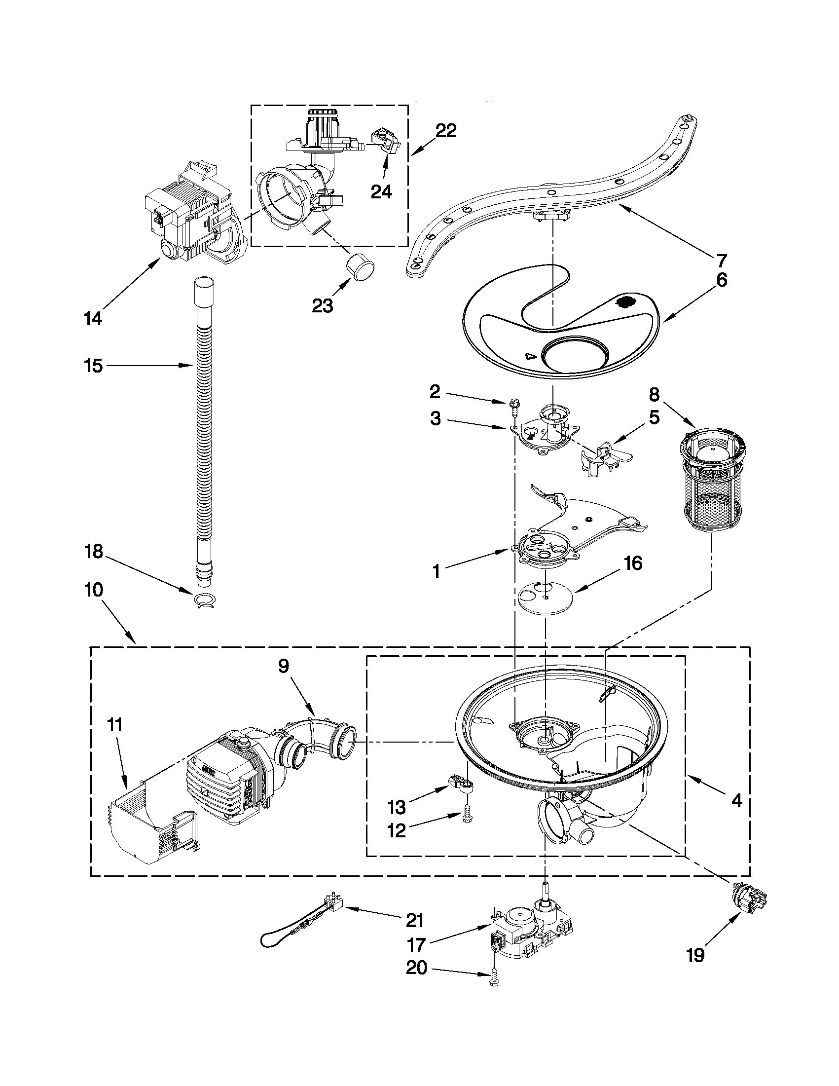 Pump, washarm and motor parts