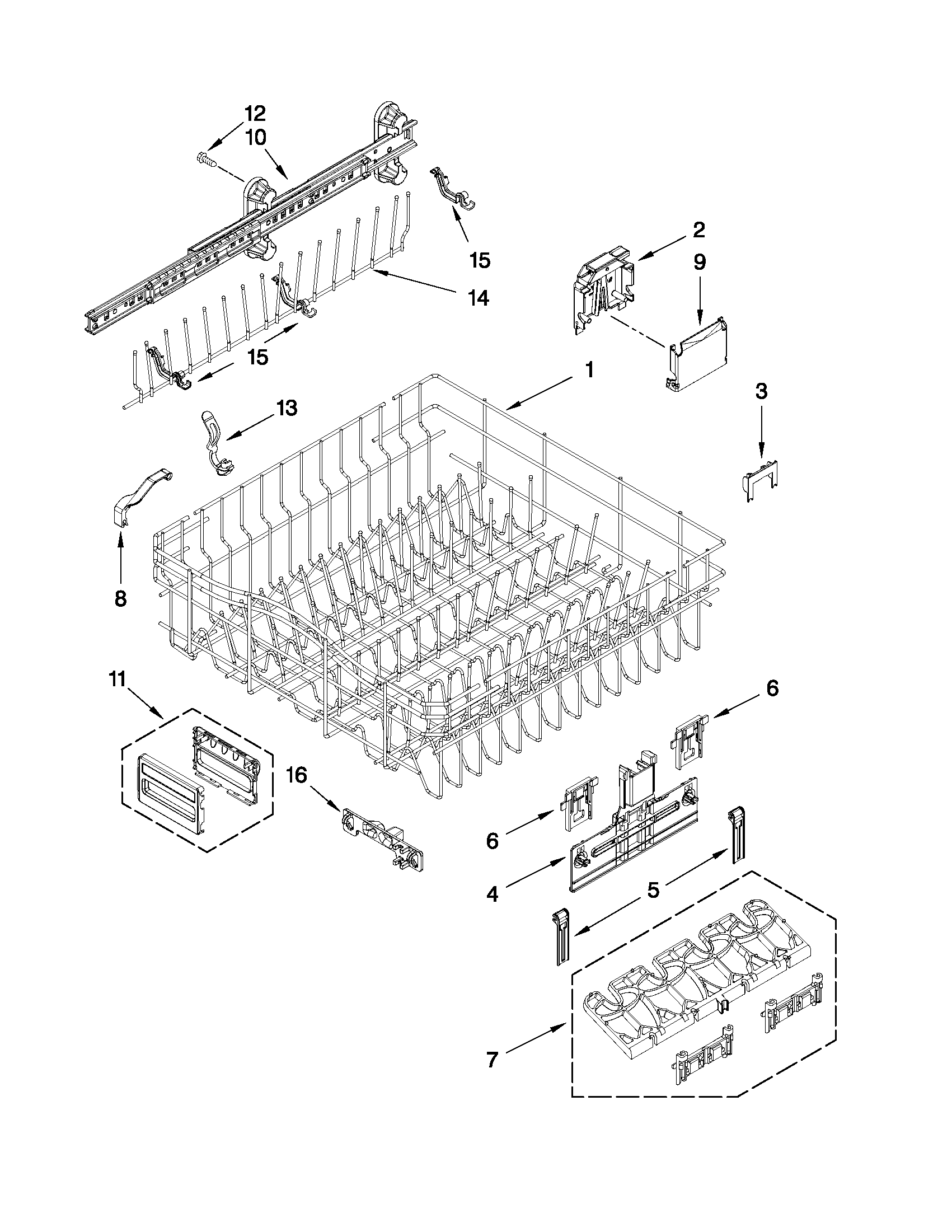 Upper rack and track parts