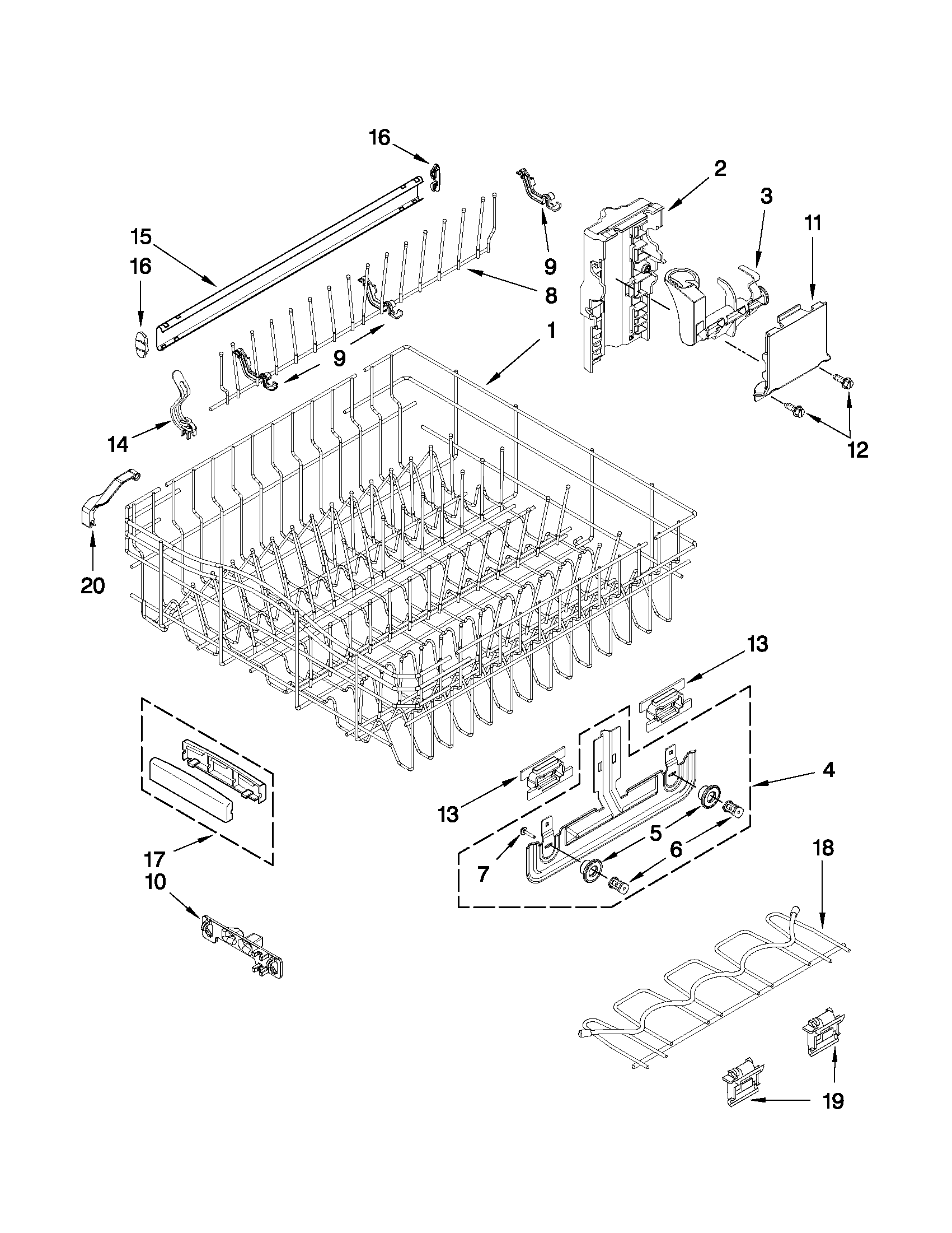 Upper rack and track parts