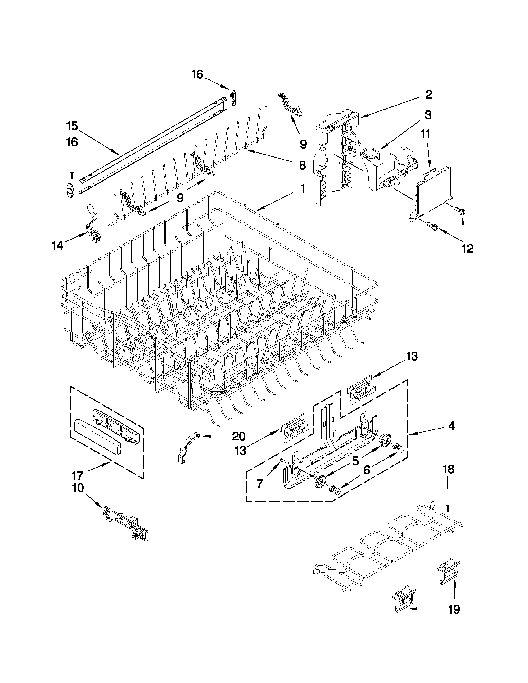 Upper rack and track parts